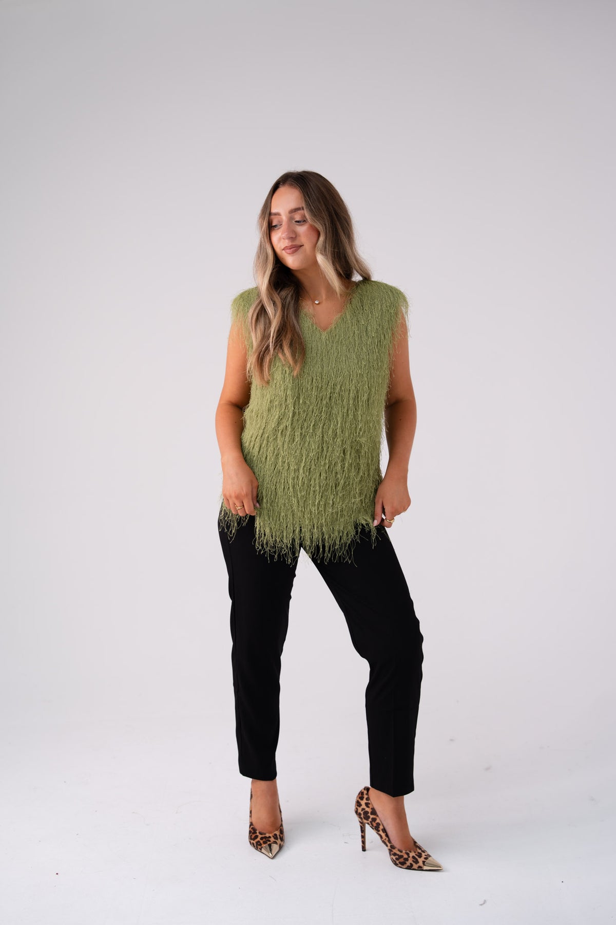Love Laura Textured Fringed V-Neck Top In Olive