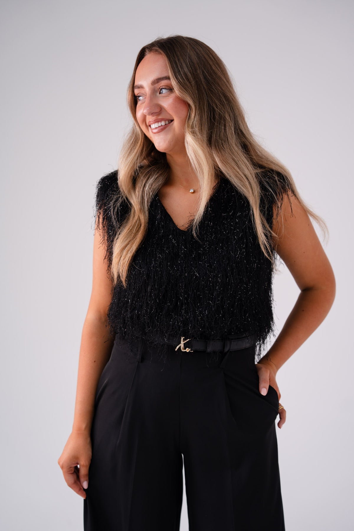 Love Laura Fringed Textured V-Neck Top In Black