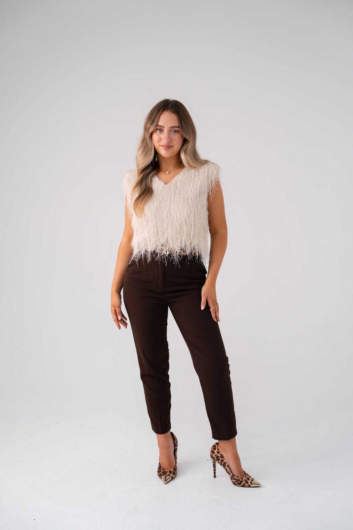 Love Laura Fringed Textured V-Neck Top In Cream