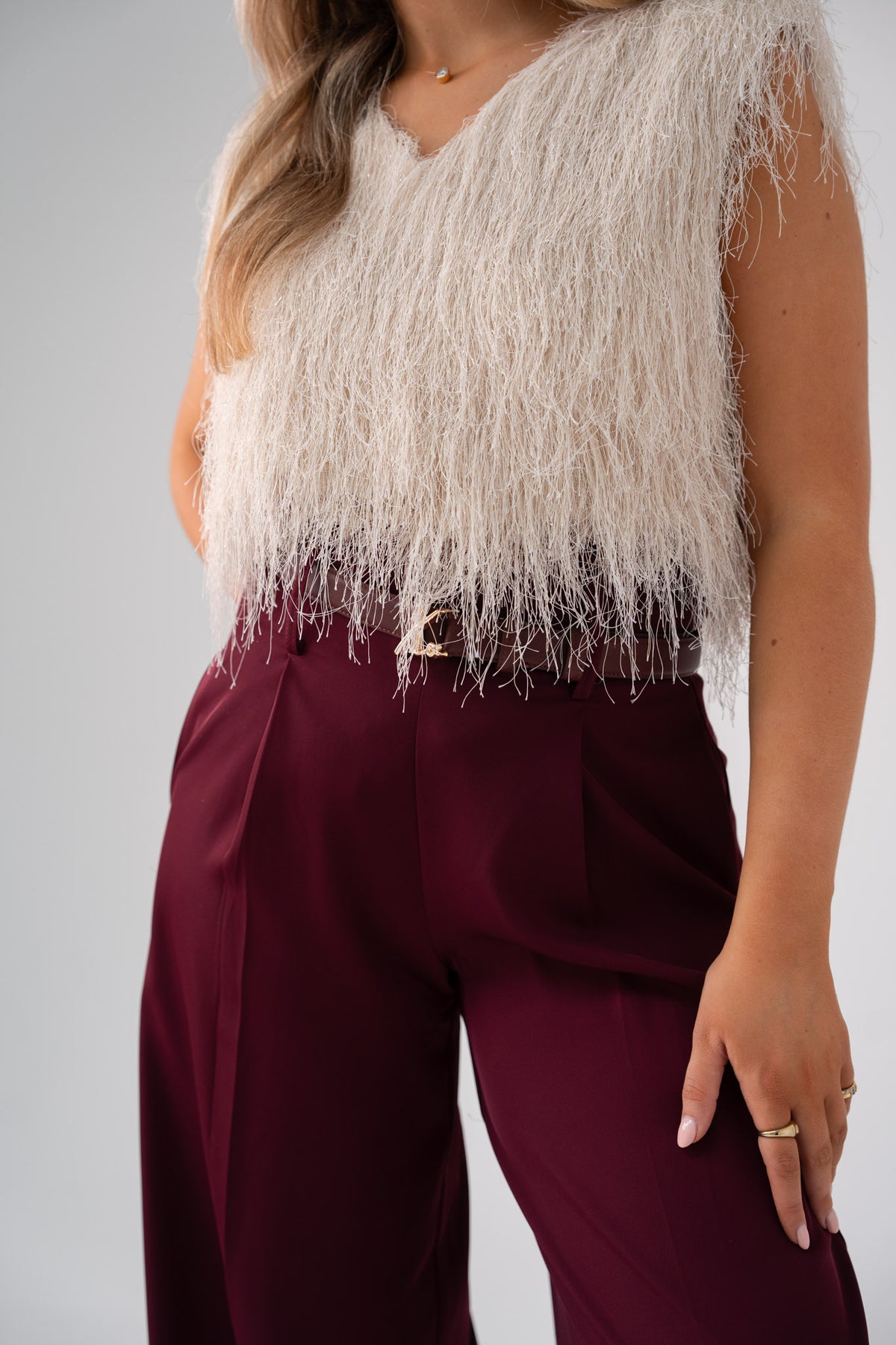 Love Laura Fringed Textured V-Neck Top In Cream
