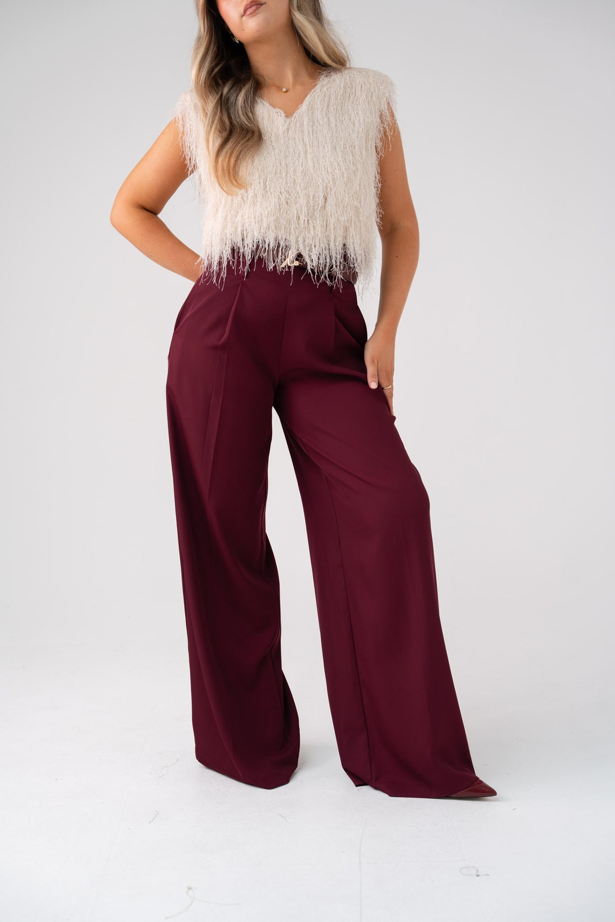 Love Laura High Waist Wide Leg Trousers In Burgundy