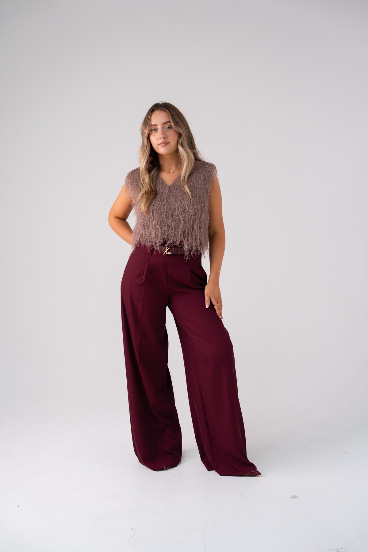 Love Laura Fringed Textured V-Neck Top In Mauve