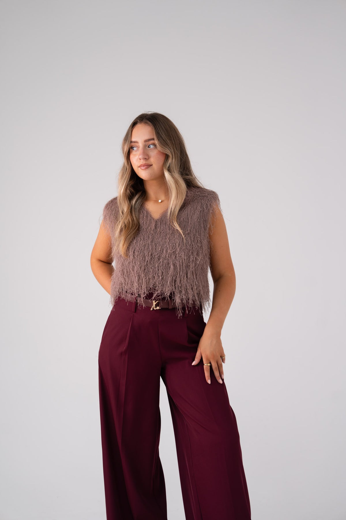 Love Laura Fringed Textured V-Neck Top In Mauve
