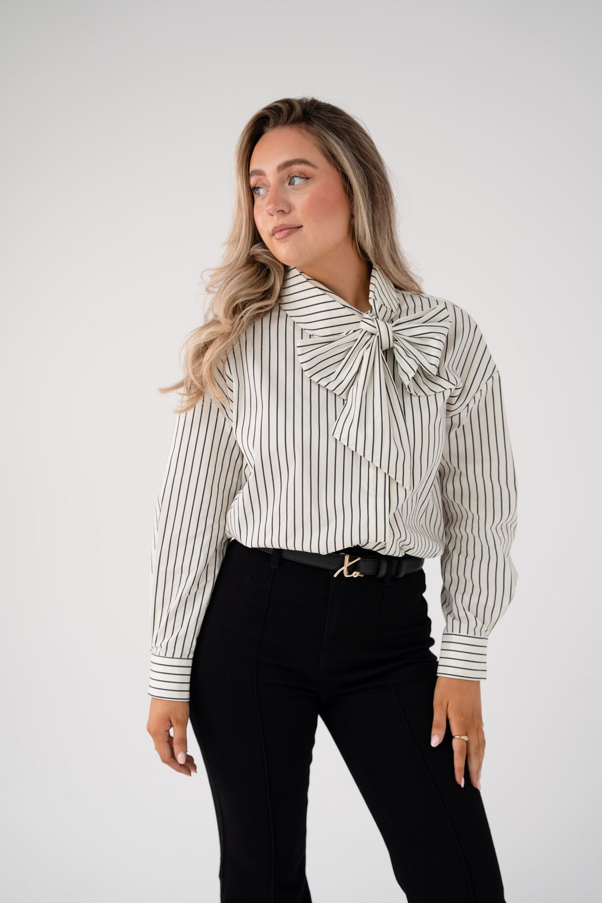 Love Laura Pinstripe Bow Blouse In White