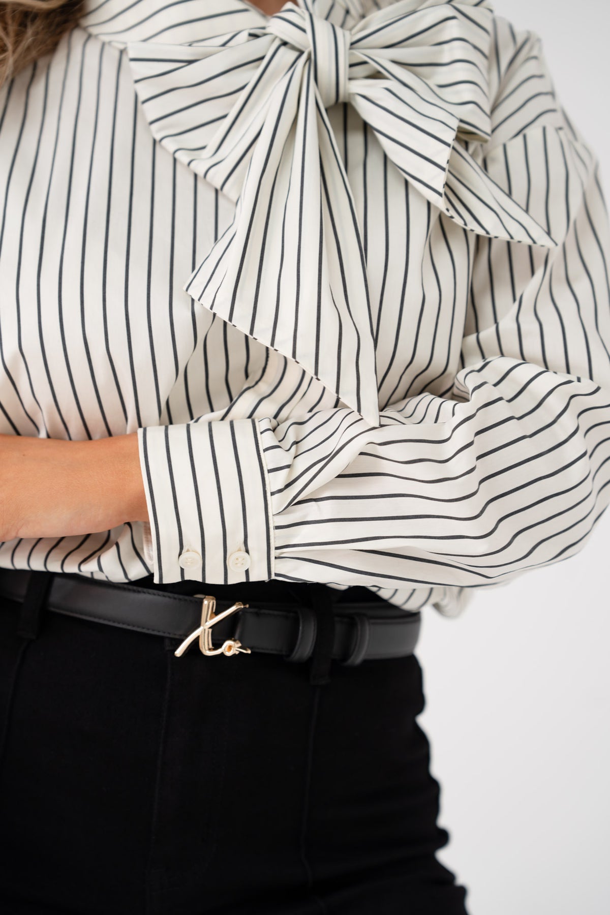 Love Laura Pinstripe Bow Blouse In White