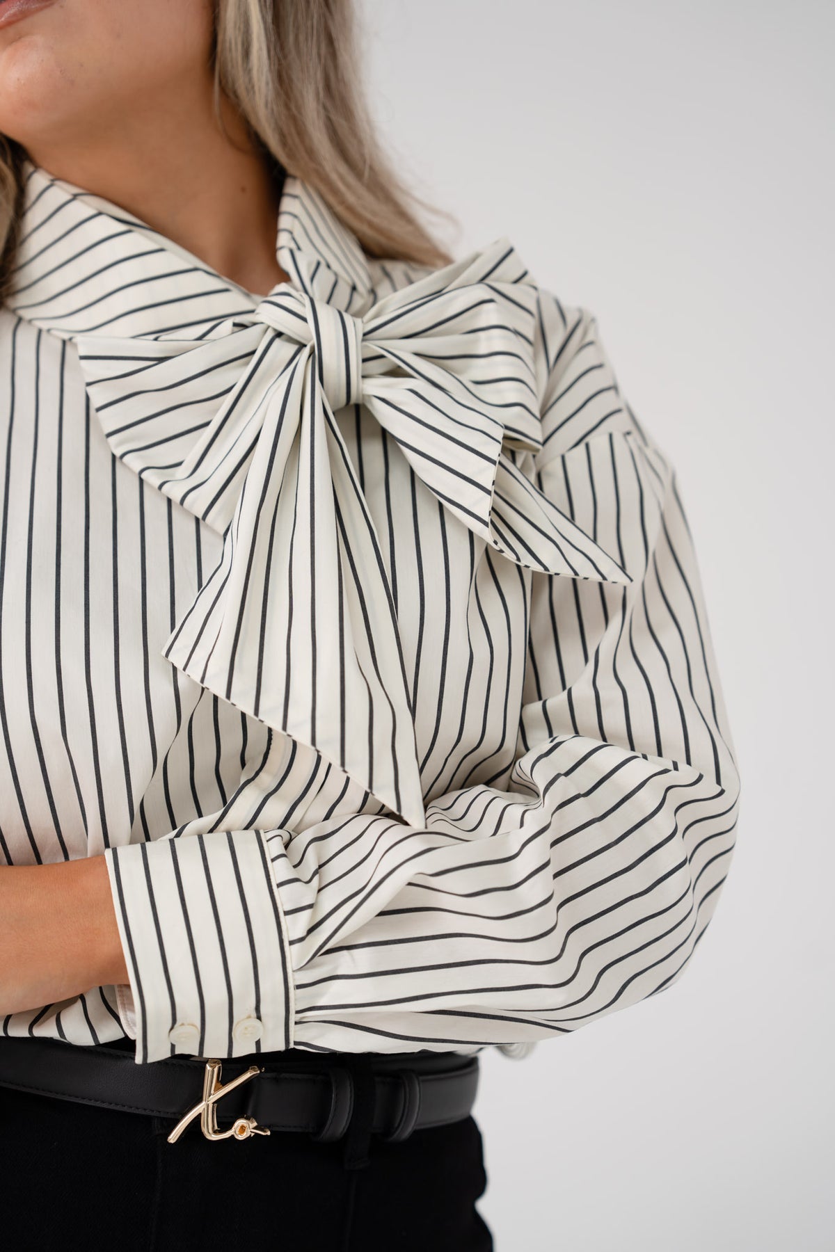 Love Laura Pinstripe Bow Blouse In White