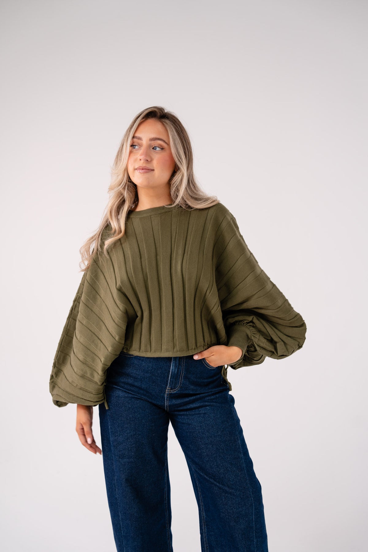 Elsa Balloon Sleeve Jumper In Olive