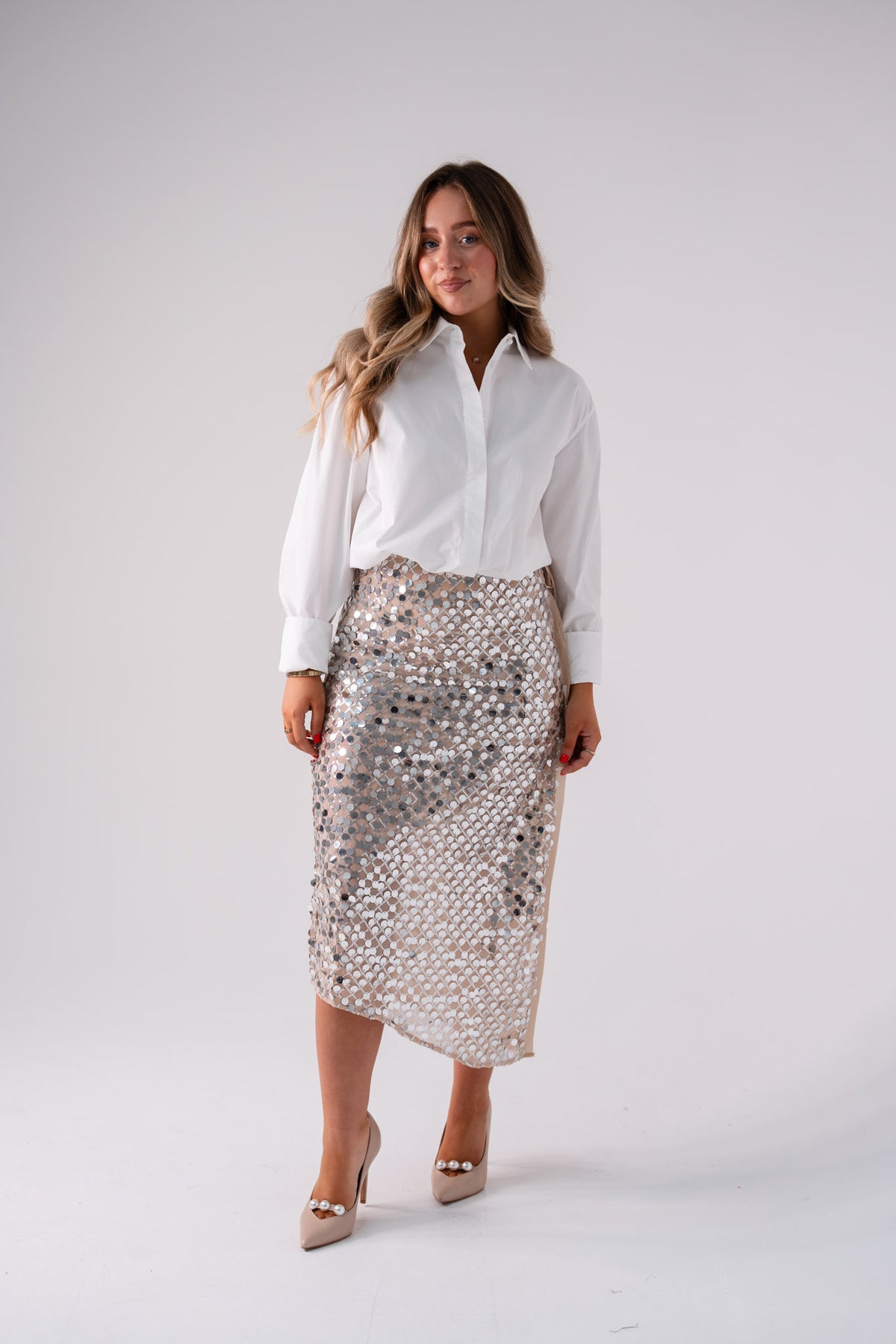 Iris Sequin Midi Skirt In Neutral
