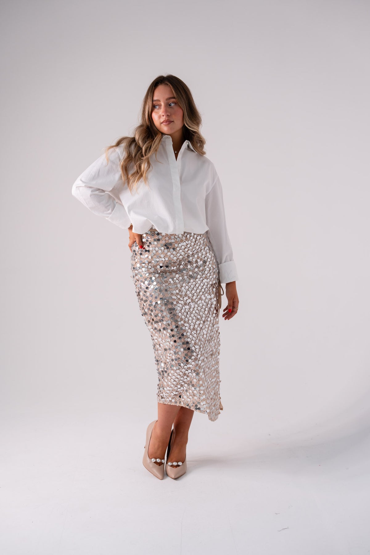 Iris Sequin Midi Skirt In Neutral