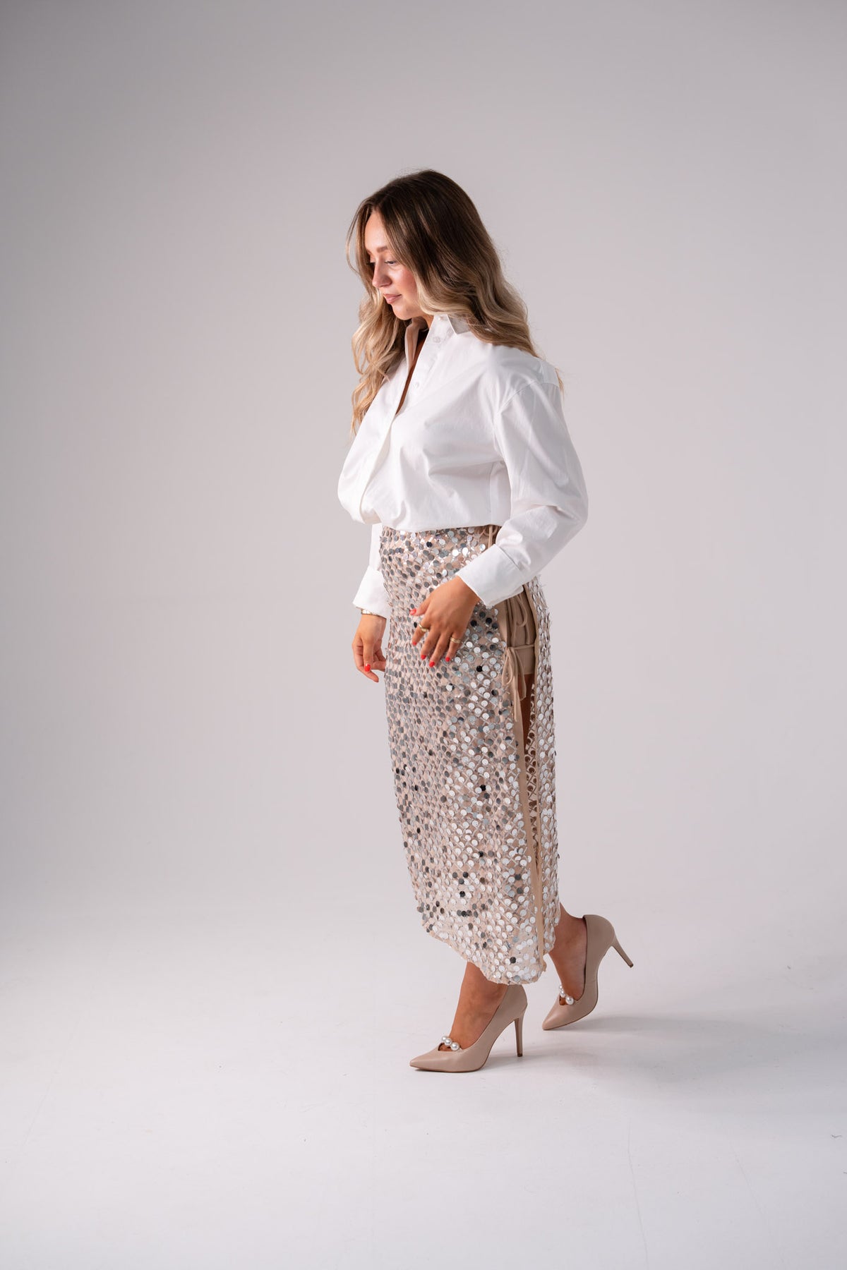 Iris Sequin Midi Skirt In Neutral