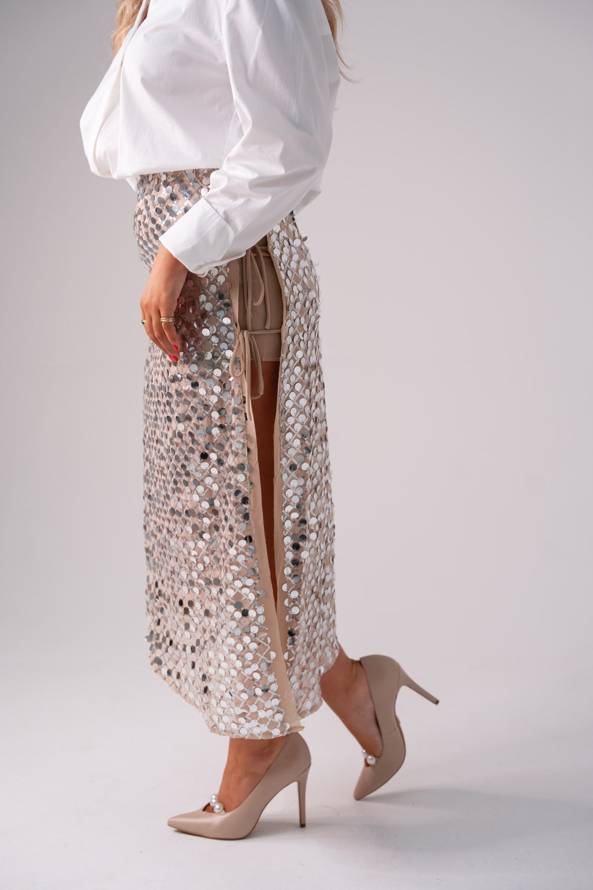 Iris Sequin Midi Skirt In Neutral