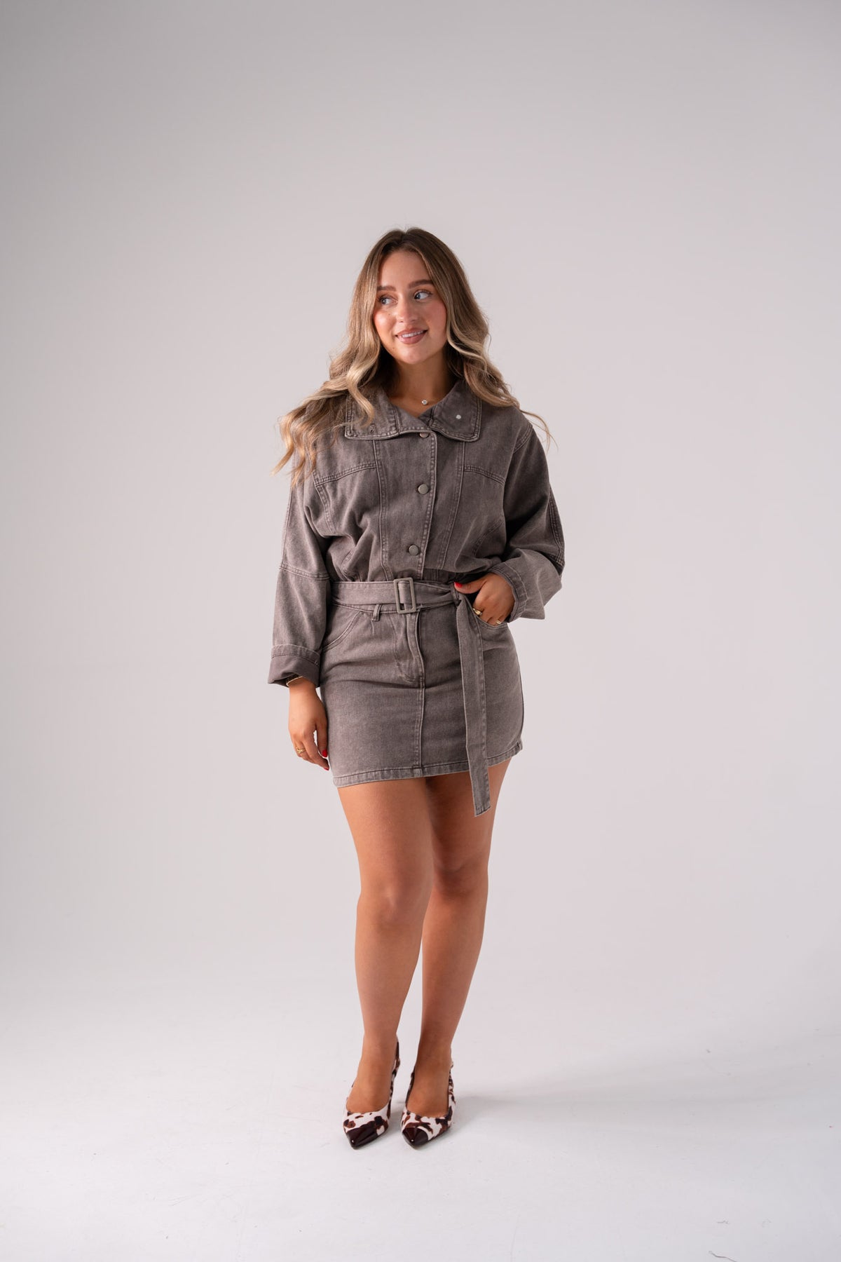 Cora Funnel Neck Denim Dress In Chocolate