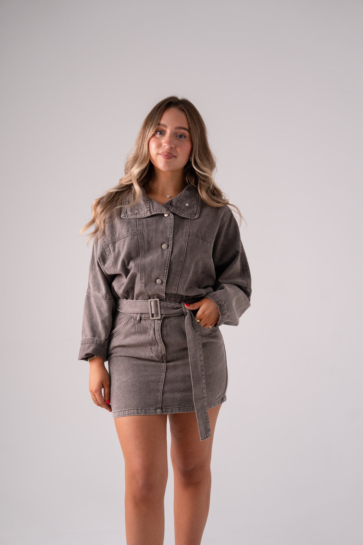 Cora Funnel Neck Denim Dress In Chocolate