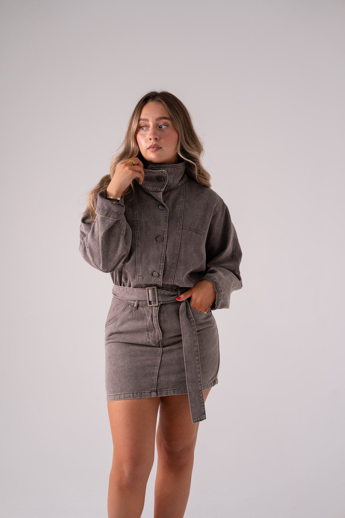 Cora Funnel Neck Denim Dress In Chocolate
