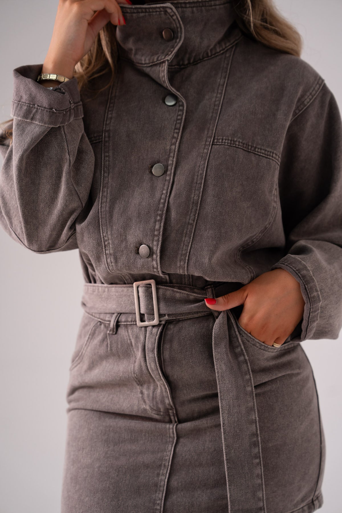 Cora Funnel Neck Denim Dress In Chocolate