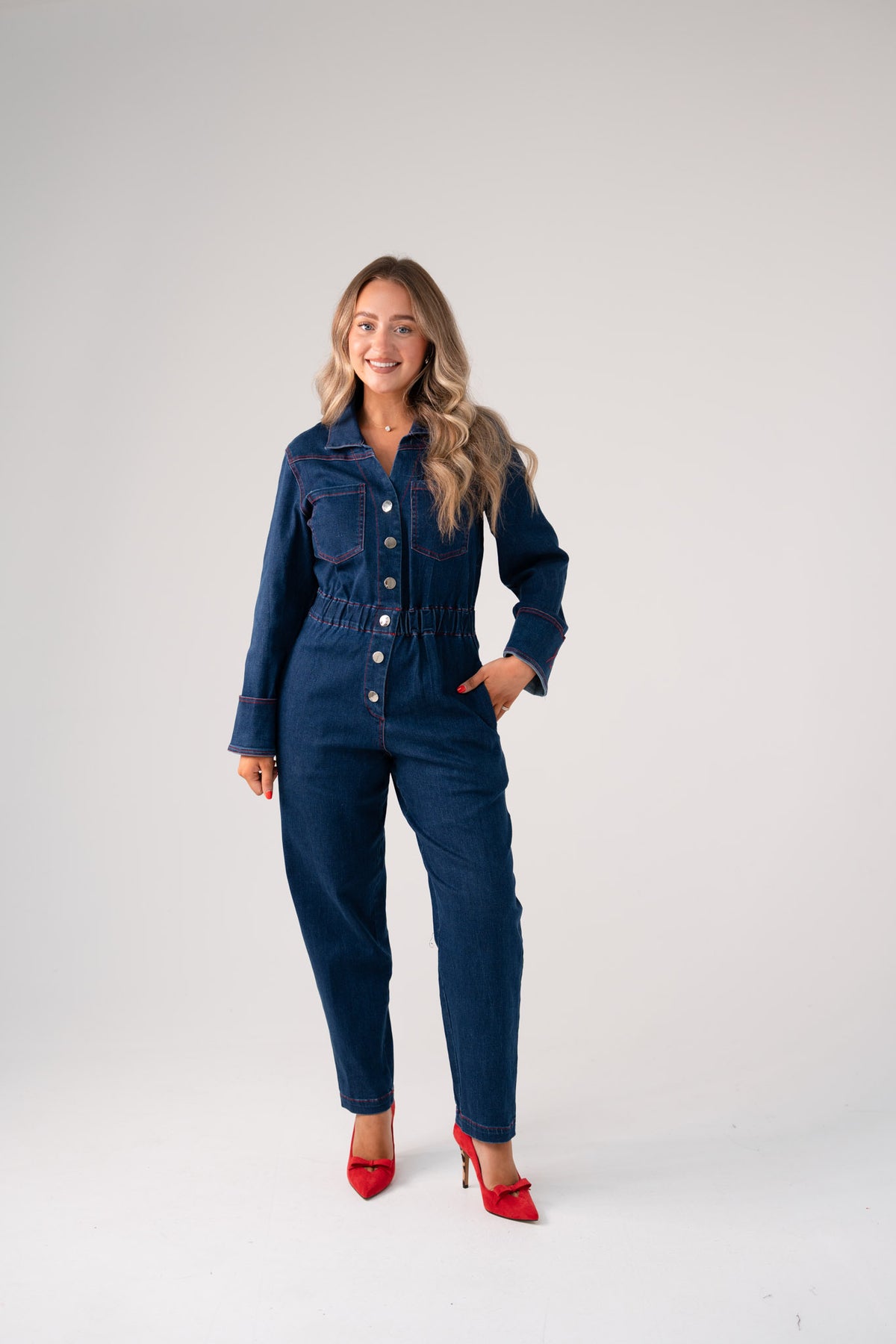 Love Laura Denim Jumpsuit In Dark Wash