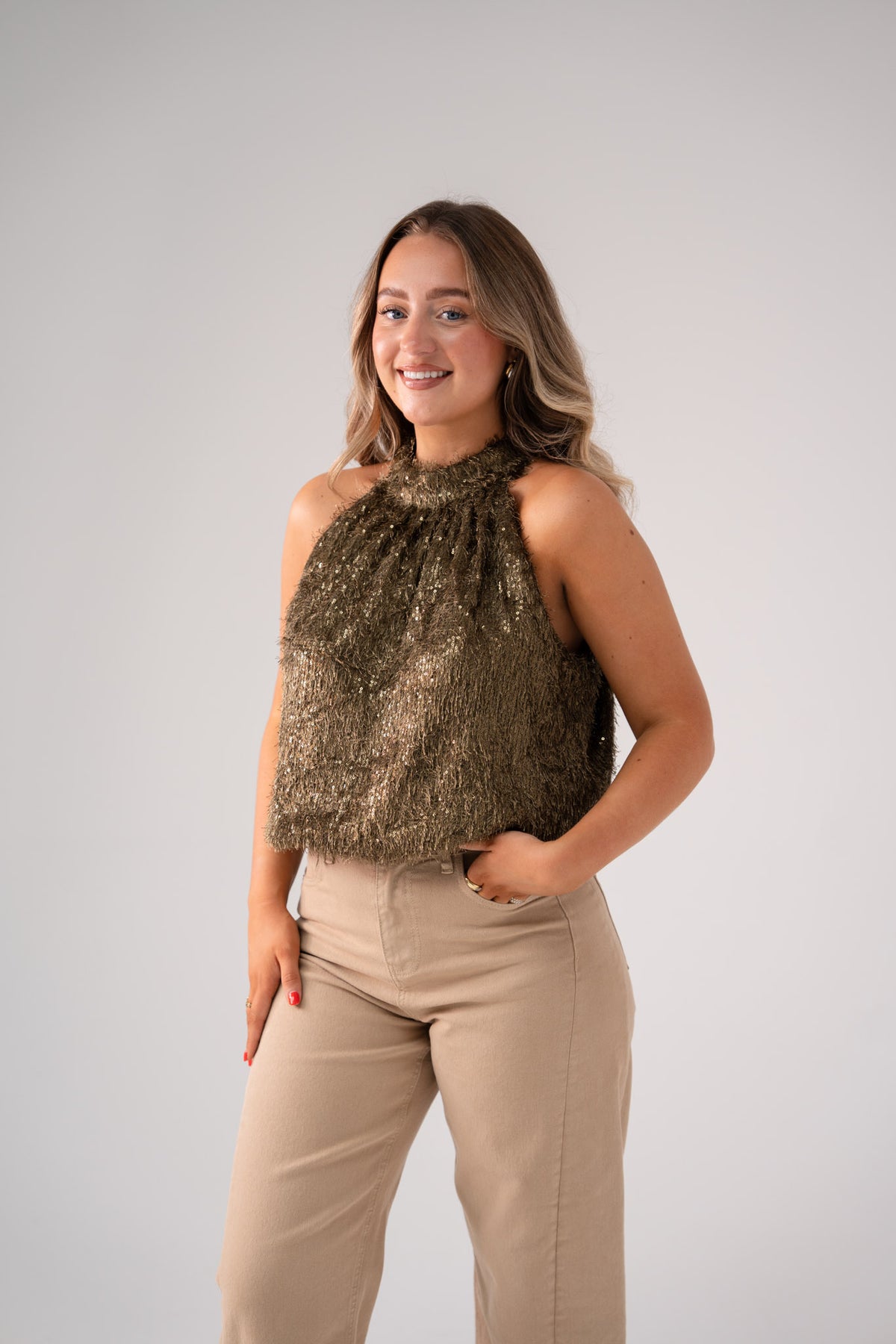 Iris Textured Halter Top In Khaki