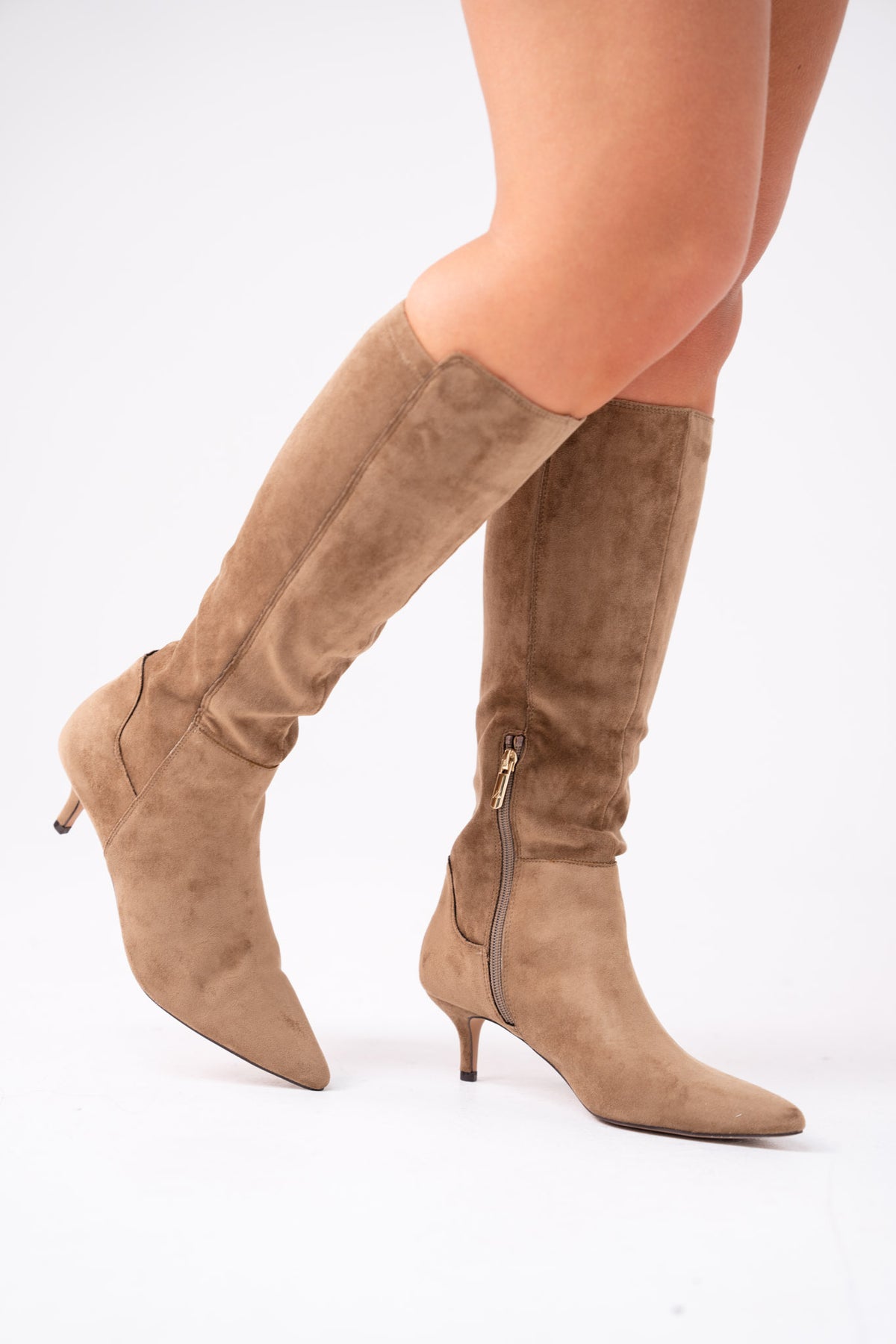 Love Laura Suede Knee Boot In Taupe