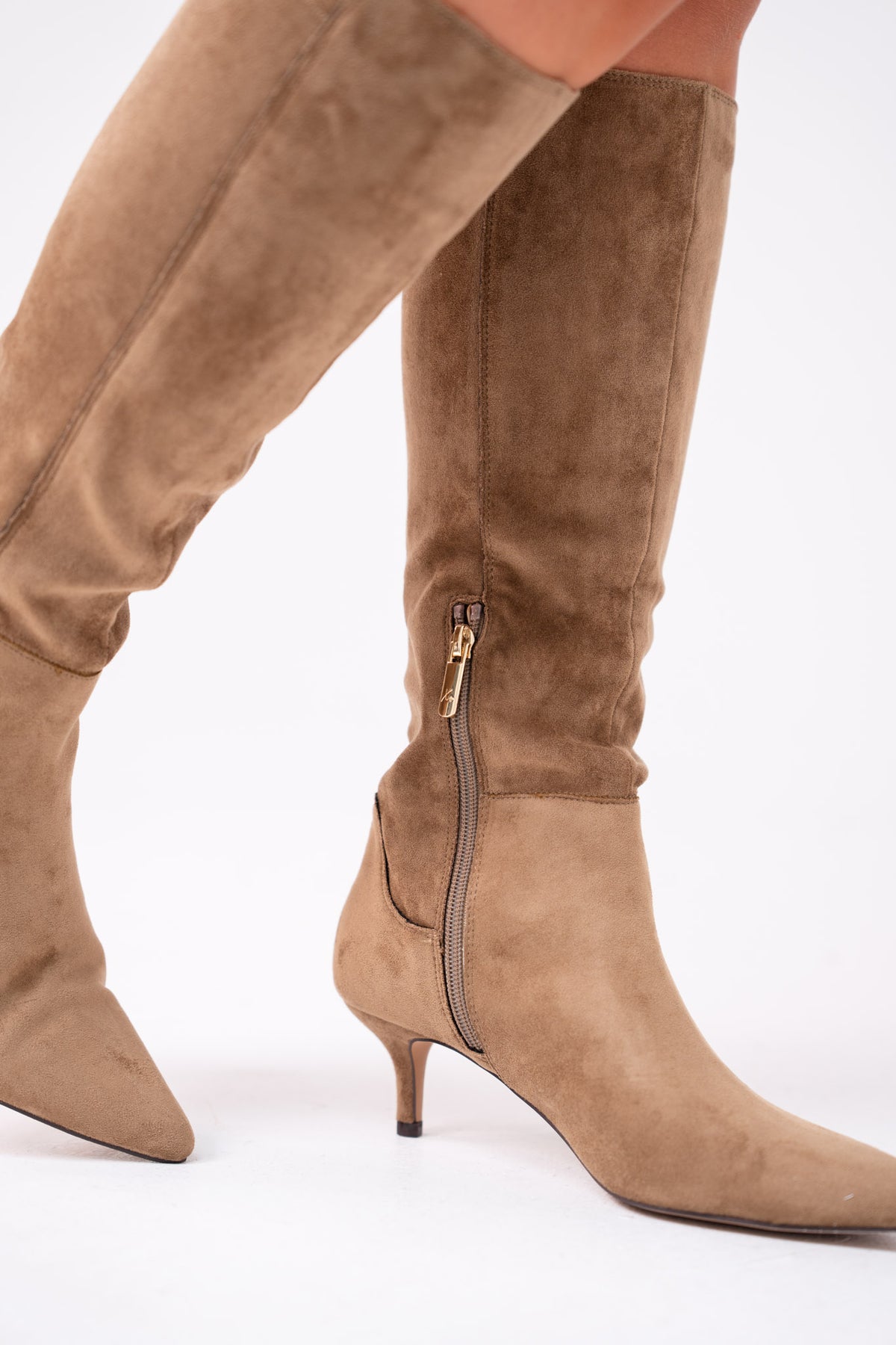 Love Laura Suede Knee Boot In Taupe