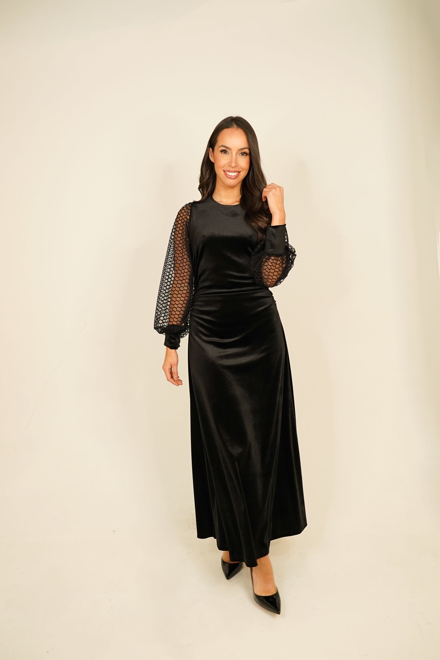 Eva Mesh Sleeve Velvet Dress In Black