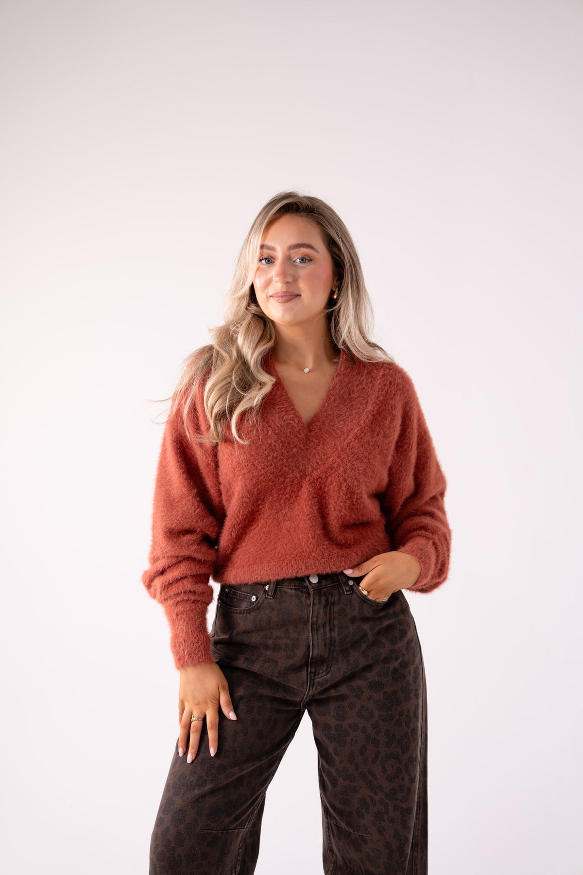 Love Laura Soft Touch V-Neck Jumper In Cinnamon