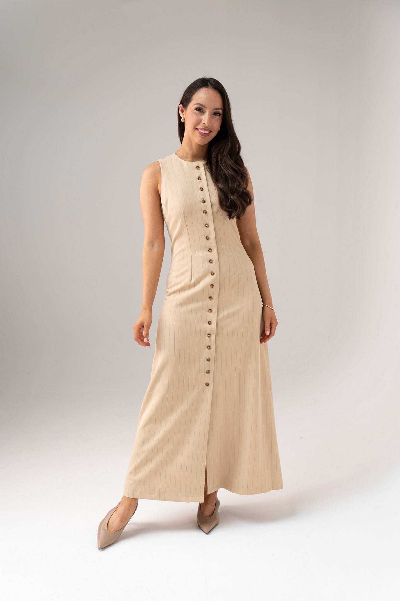 Love Laura Pinstripe Shirt Dress In Sand
