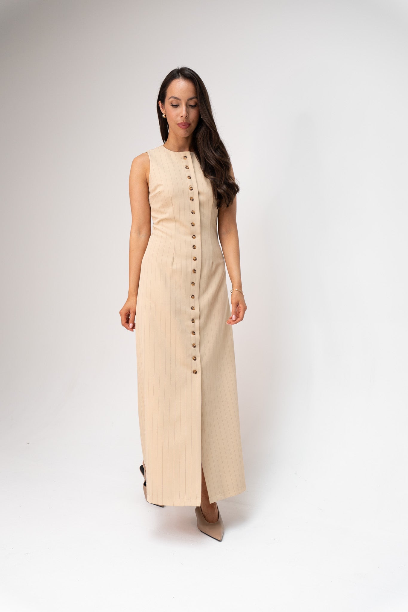Love Laura Pinstripe Shirt Dress In Sand