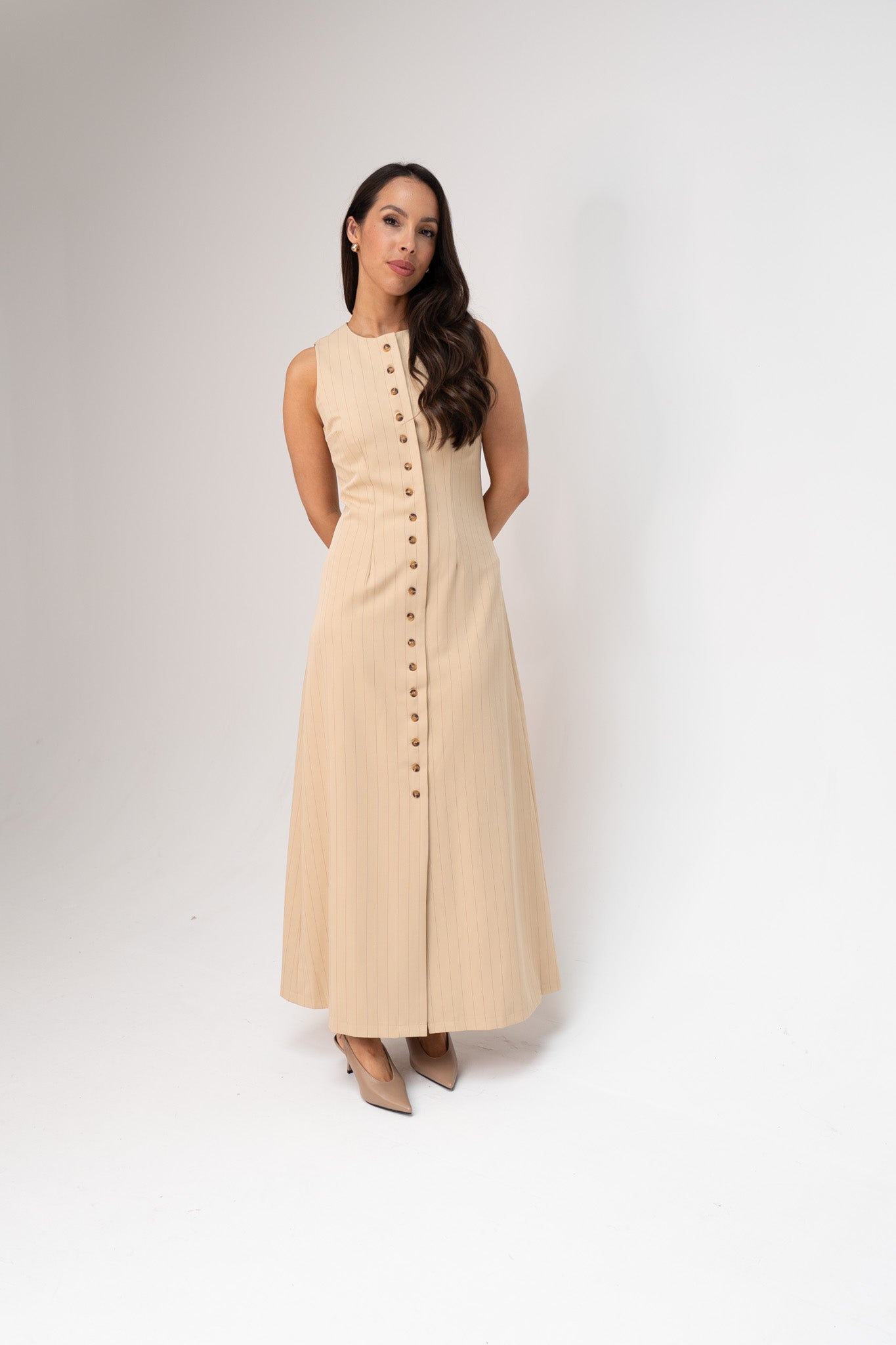 Love Laura Pinstripe Shirt Dress In Sand