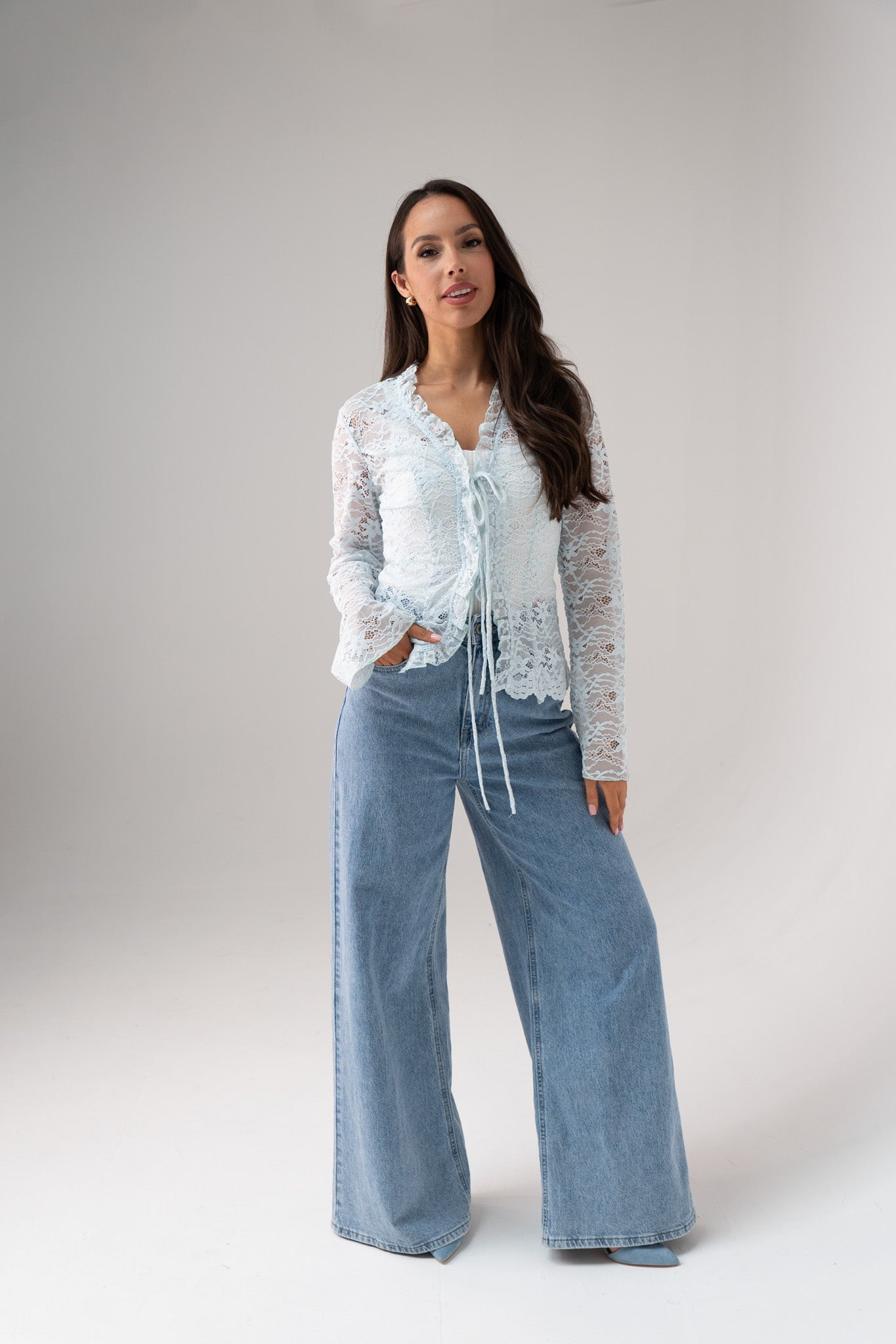 Polly Tie Front Lace Blouse In Blue