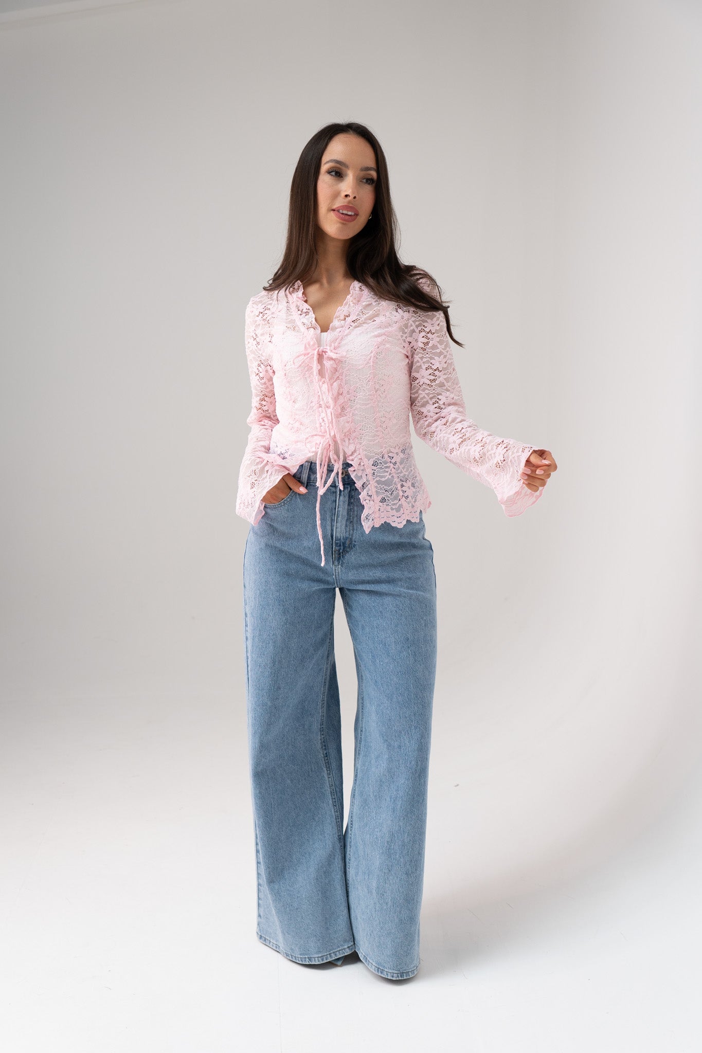 Polly Tie Front Lace Blouse In Pink