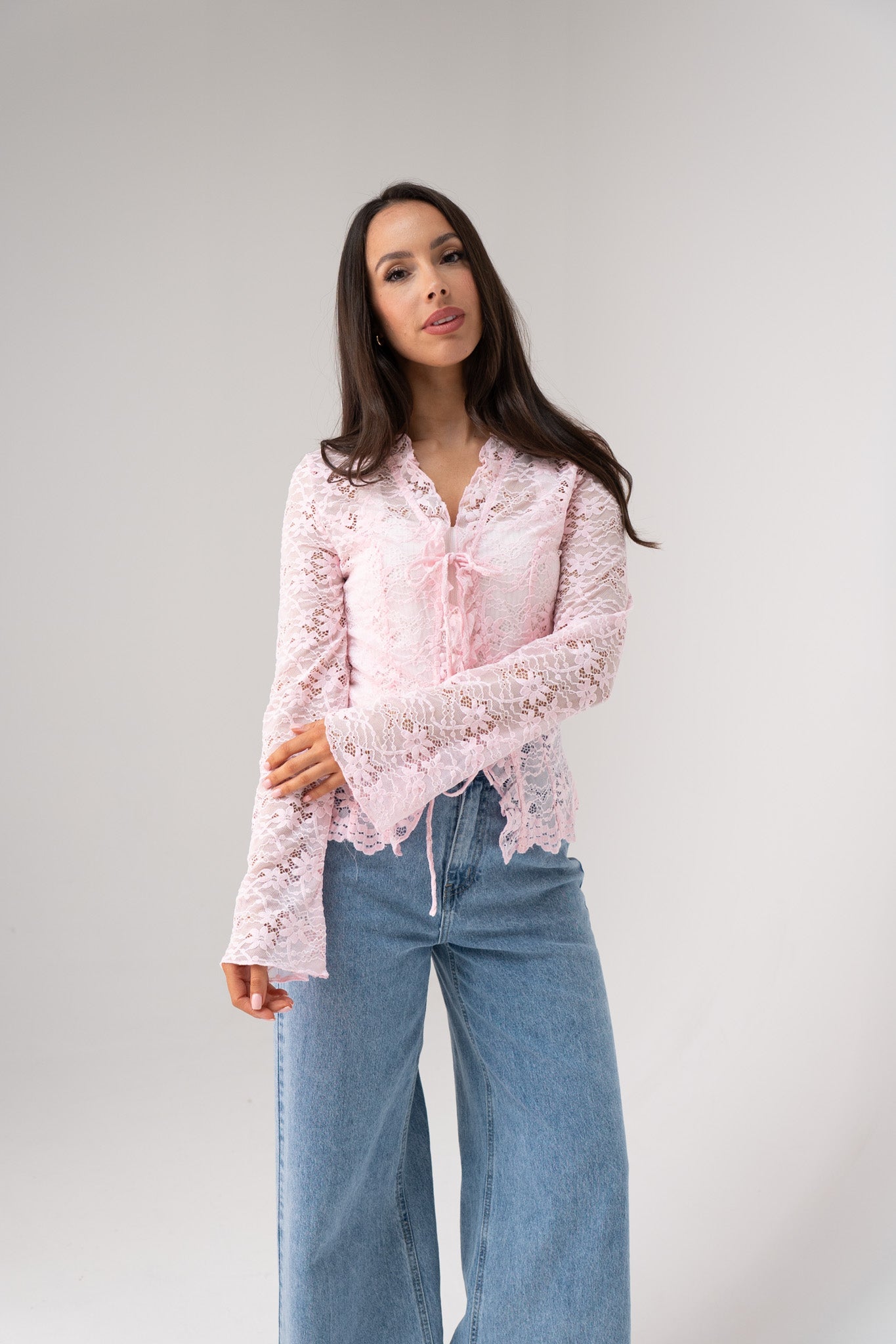 Polly Tie Front Lace Blouse In Pink
