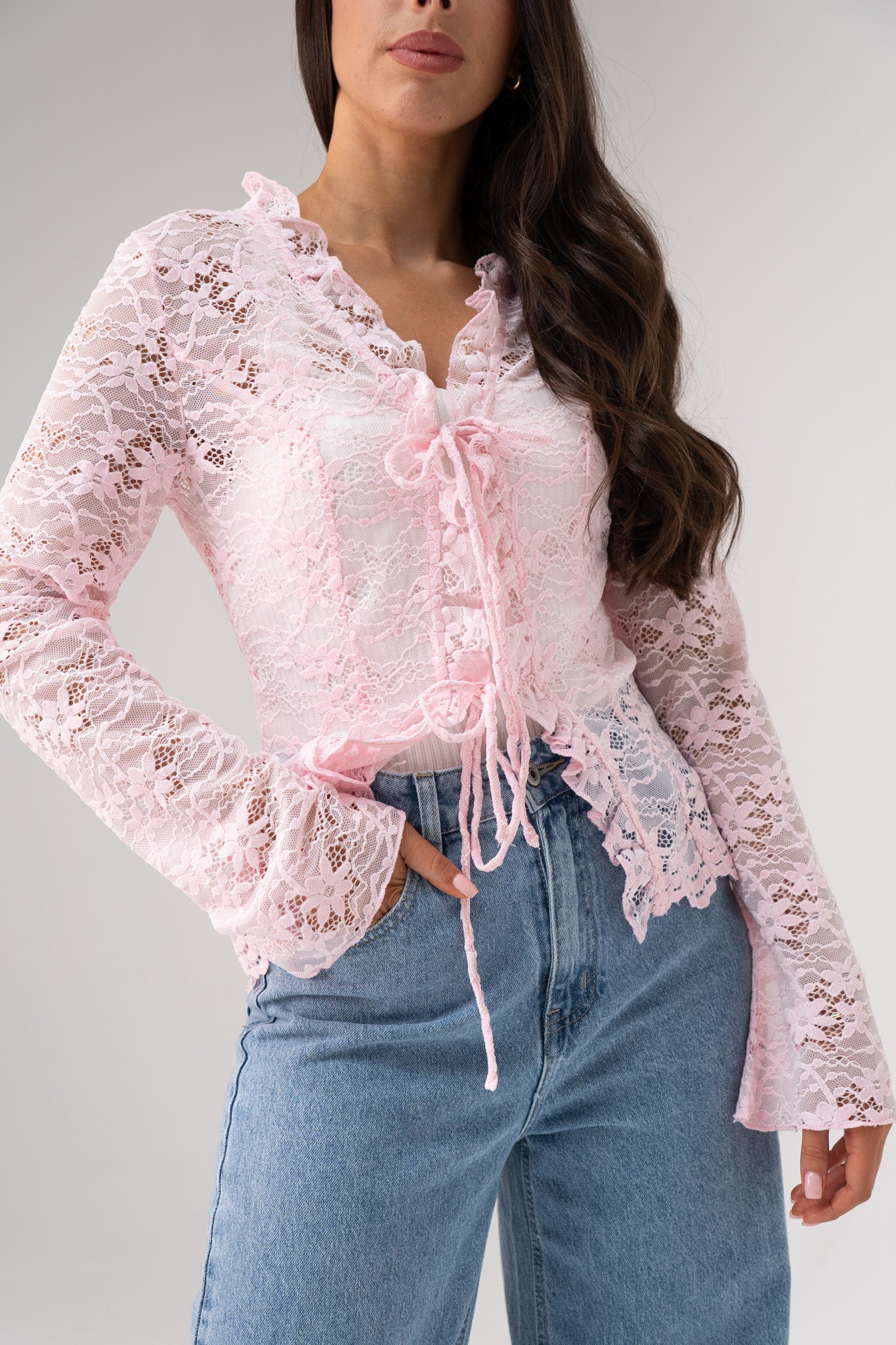 Polly Tie Front Lace Blouse In Pink