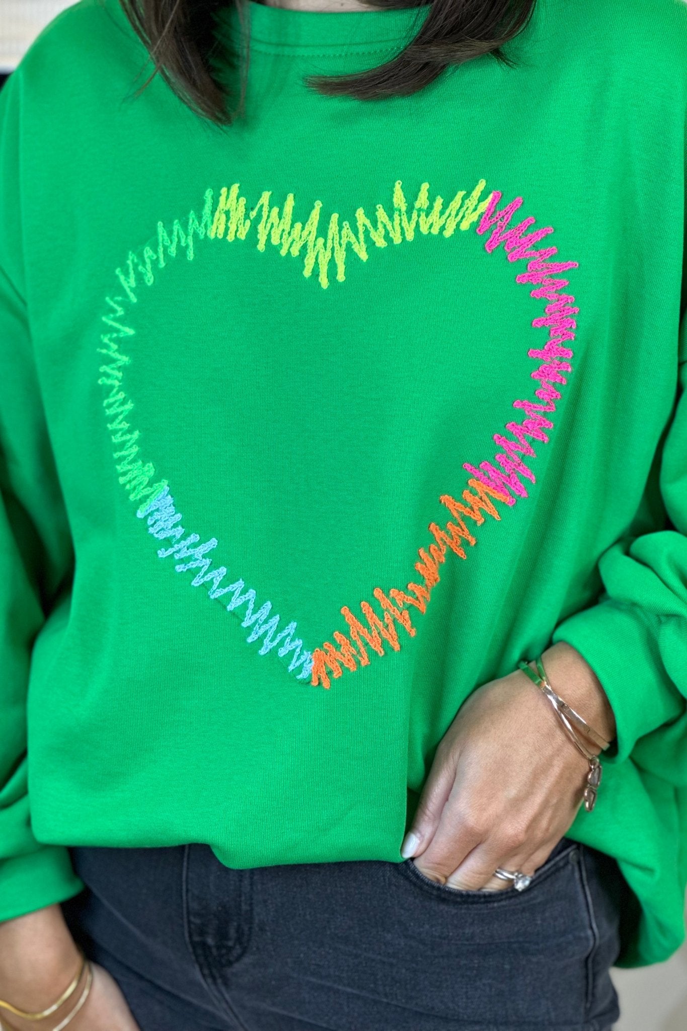 Alaina Embroidered Sweatshirt In Green - The Walk in Wardrobe