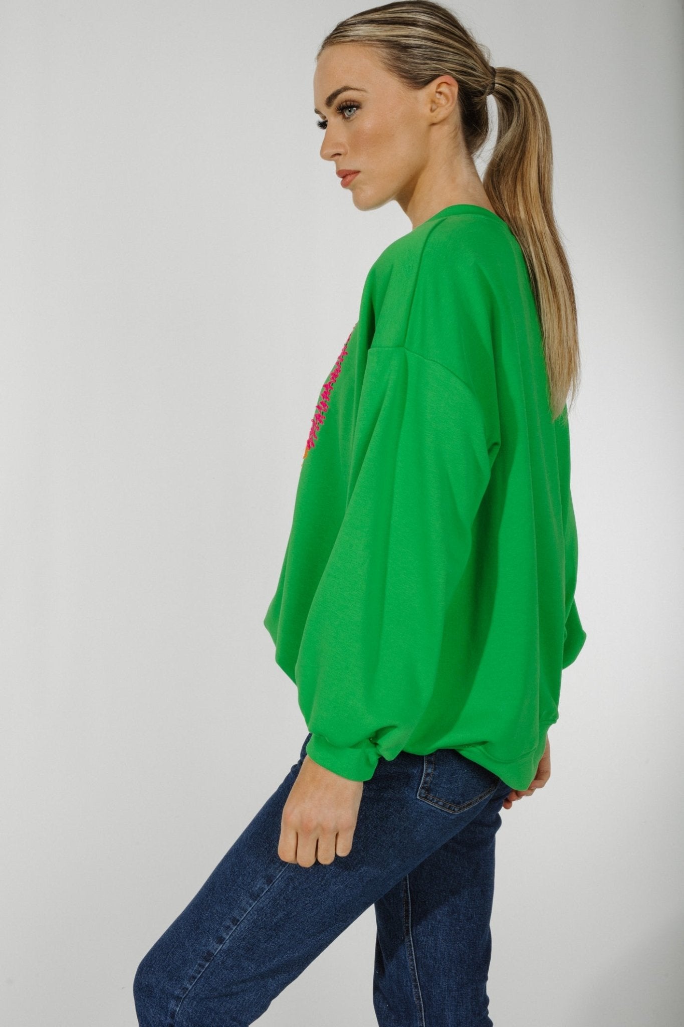 Alaina Embroidered Sweatshirt In Green - The Walk in Wardrobe