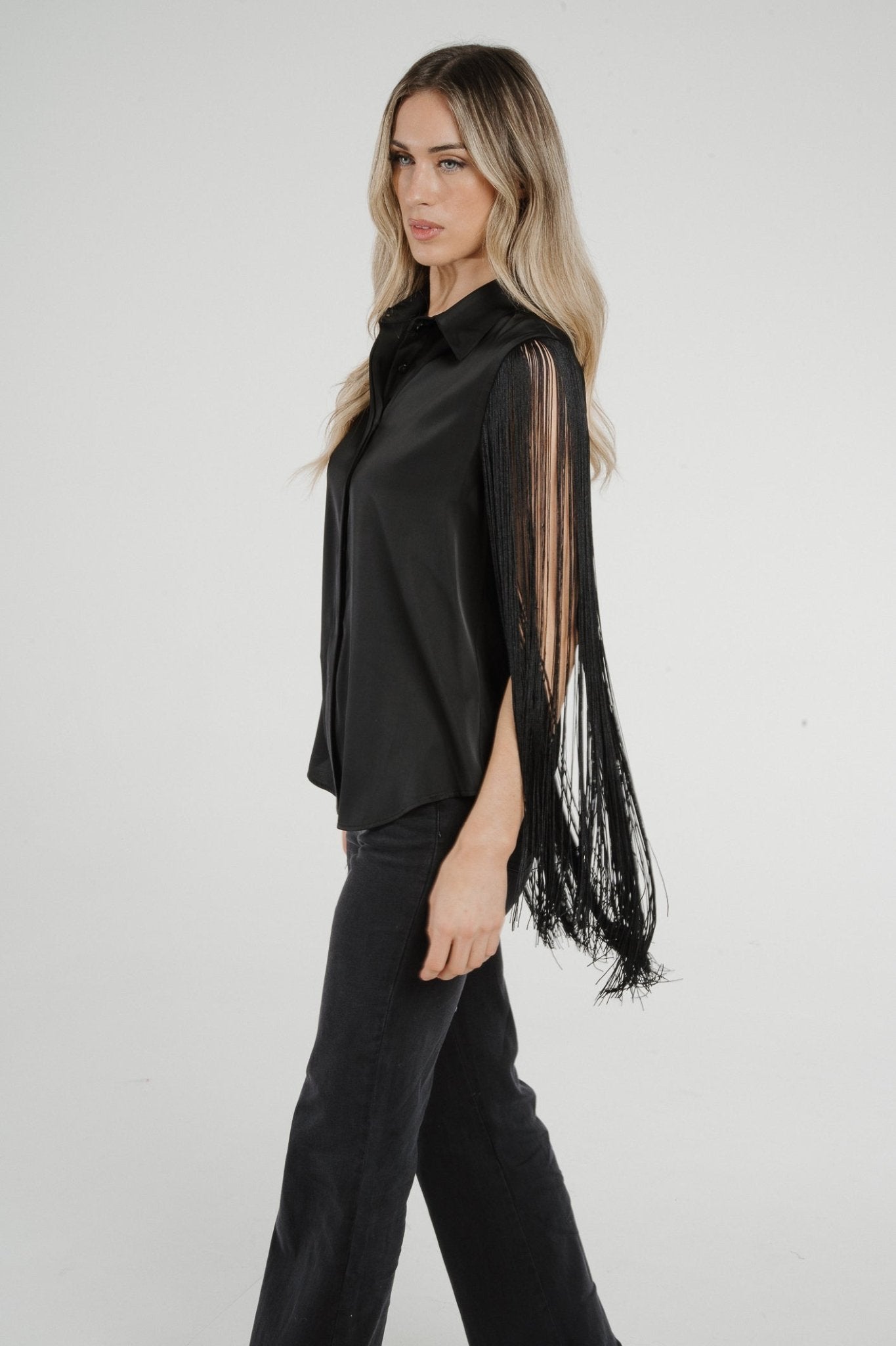 Alana Fringed Sleeve Shirt In Black - The Walk in Wardrobe