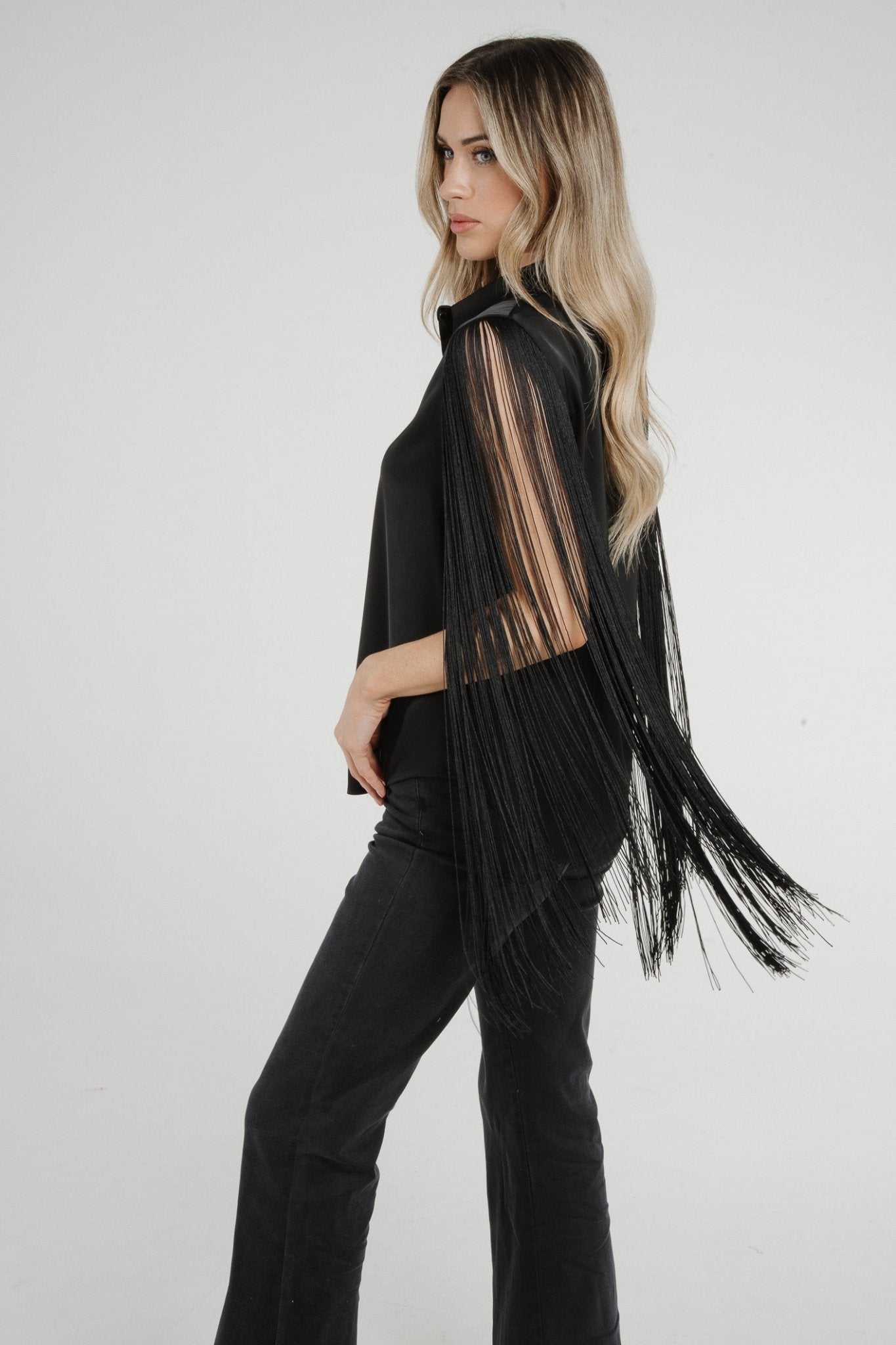 Alana Fringed Sleeve Shirt In Black - The Walk in Wardrobe