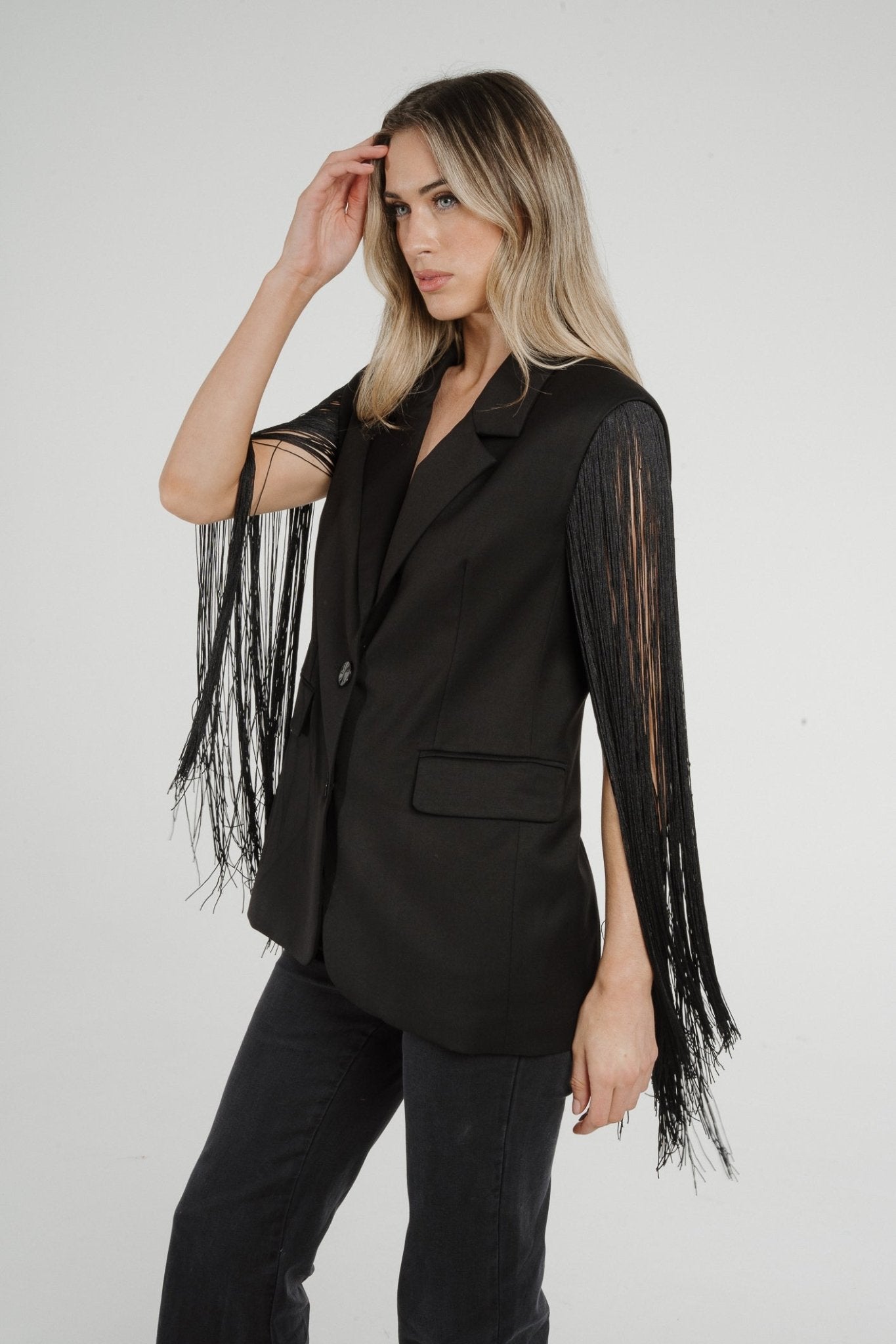 Alana Fringed Sleeveless Blazer In Black - The Walk in Wardrobe
