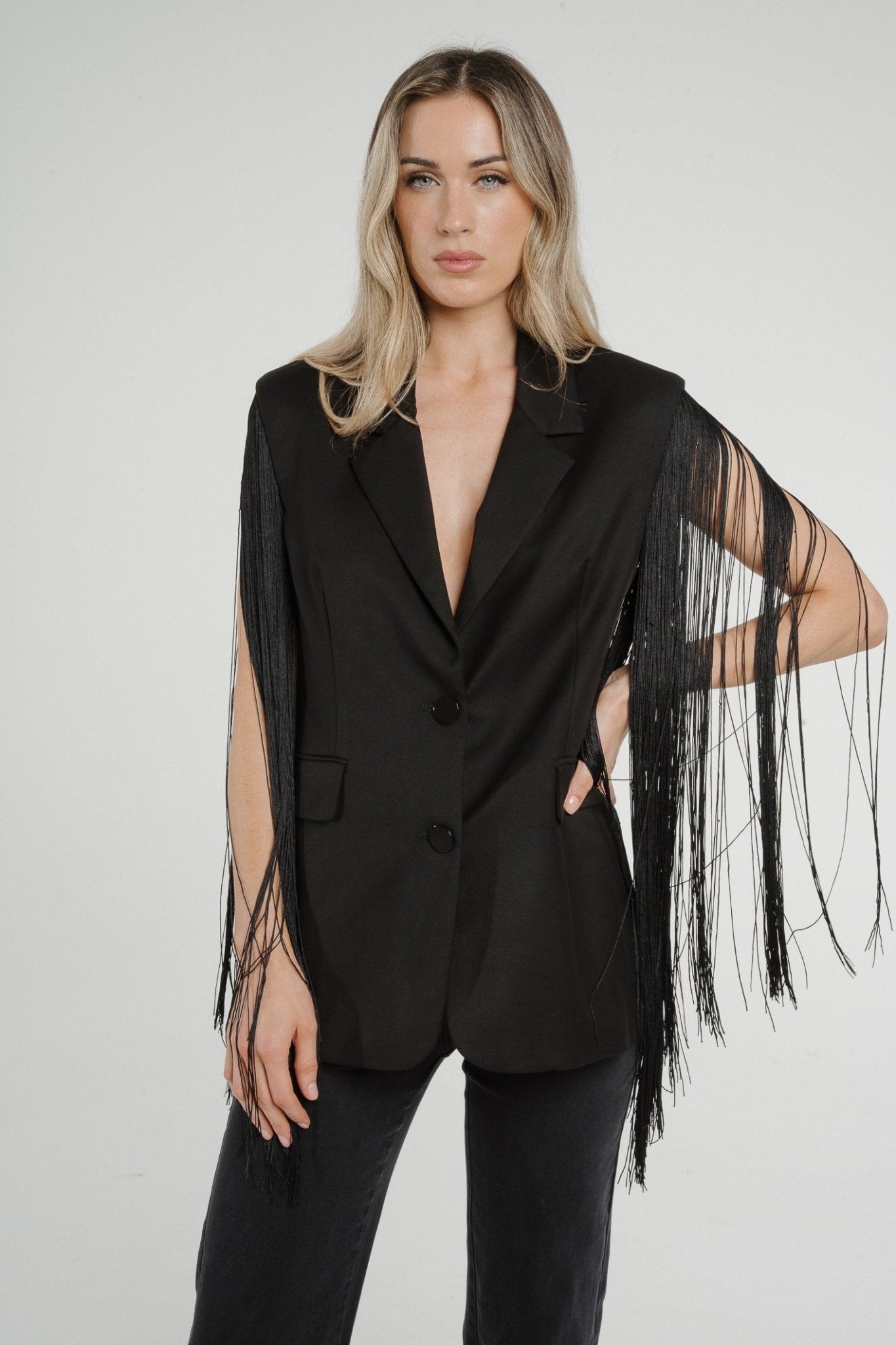 Alana Fringed Sleeveless Blazer In Black - The Walk in Wardrobe