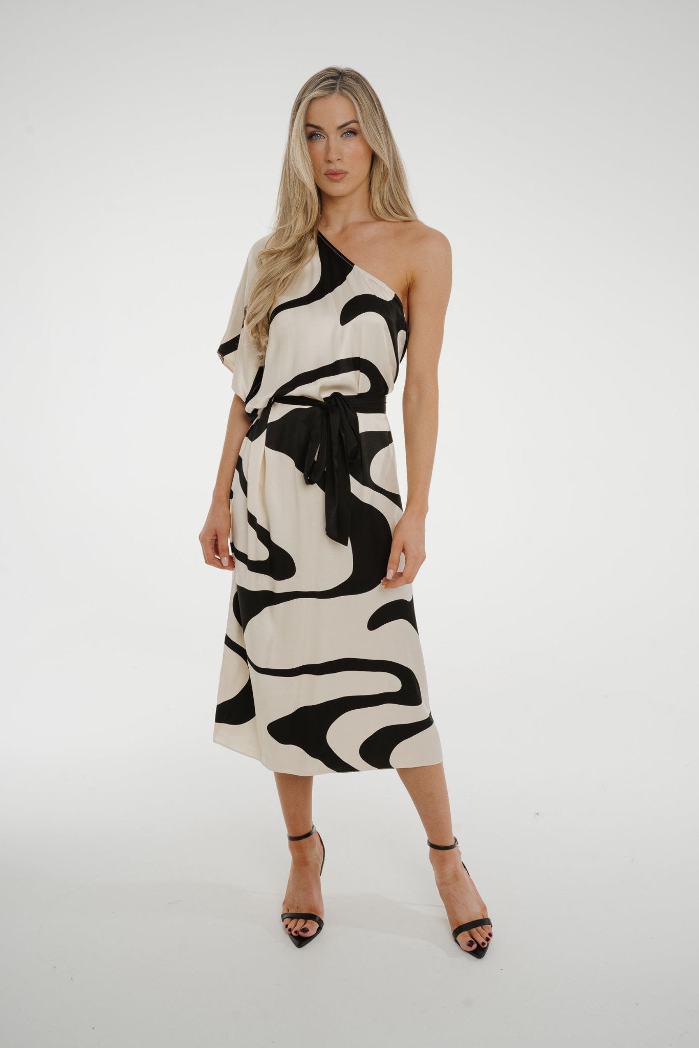 Alana One Shoulder Dress In Monochrome Print - The Walk in Wardrobe