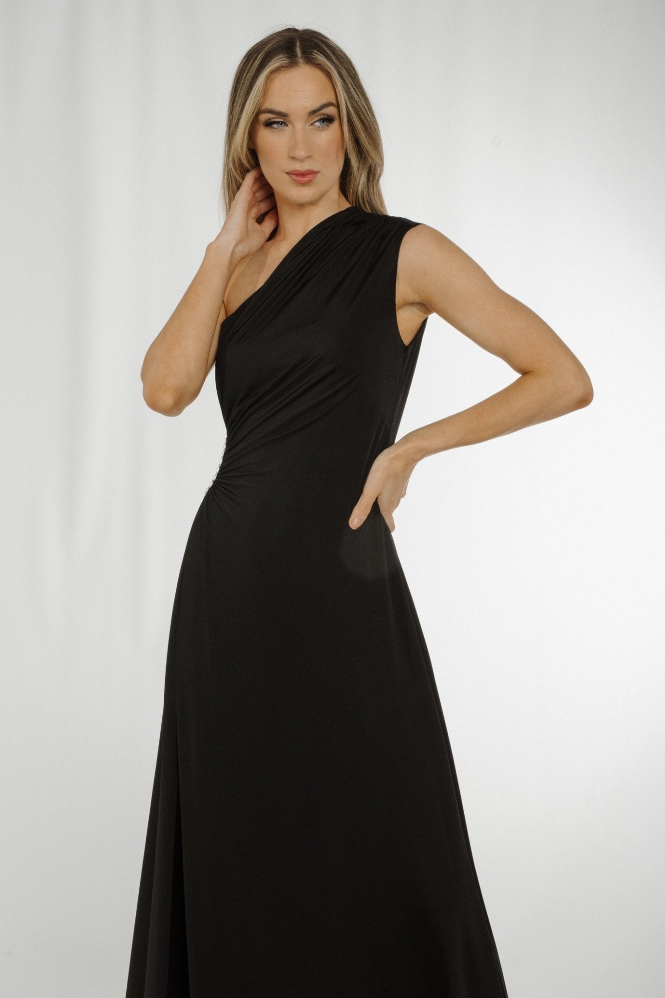 Alana One Shoulder Ruched Dress In Black - The Walk in Wardrobe