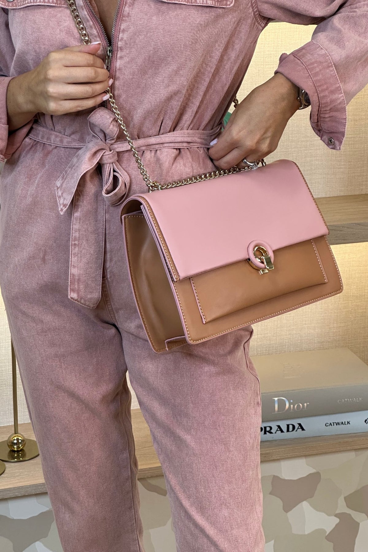 Alex Buckle Bag In Pink & Tan - The Walk in Wardrobe
