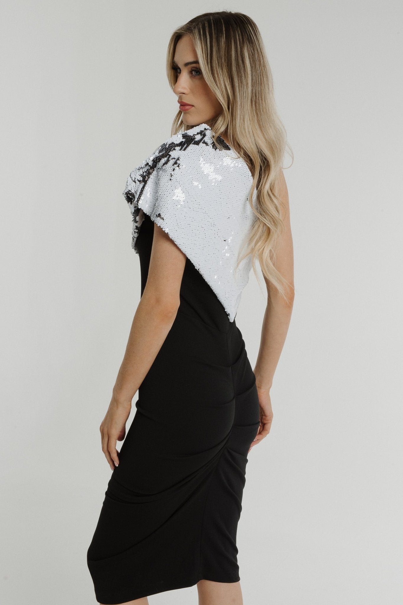 Alexandra One Shoulder Sequin Dress In Monochrome - The Walk in Wardrobe