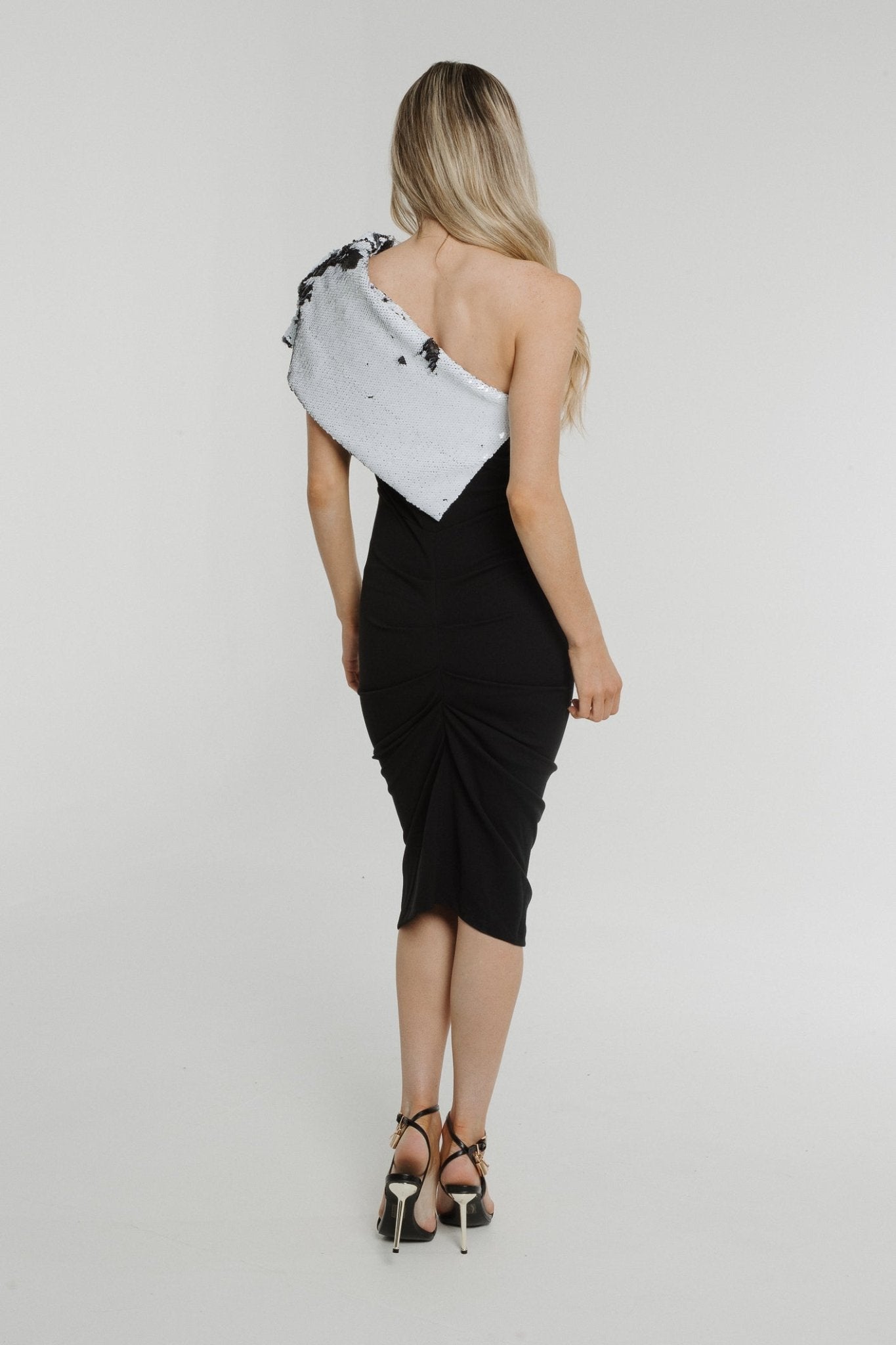 Alexandra One Shoulder Sequin Dress In Monochrome - The Walk in Wardrobe