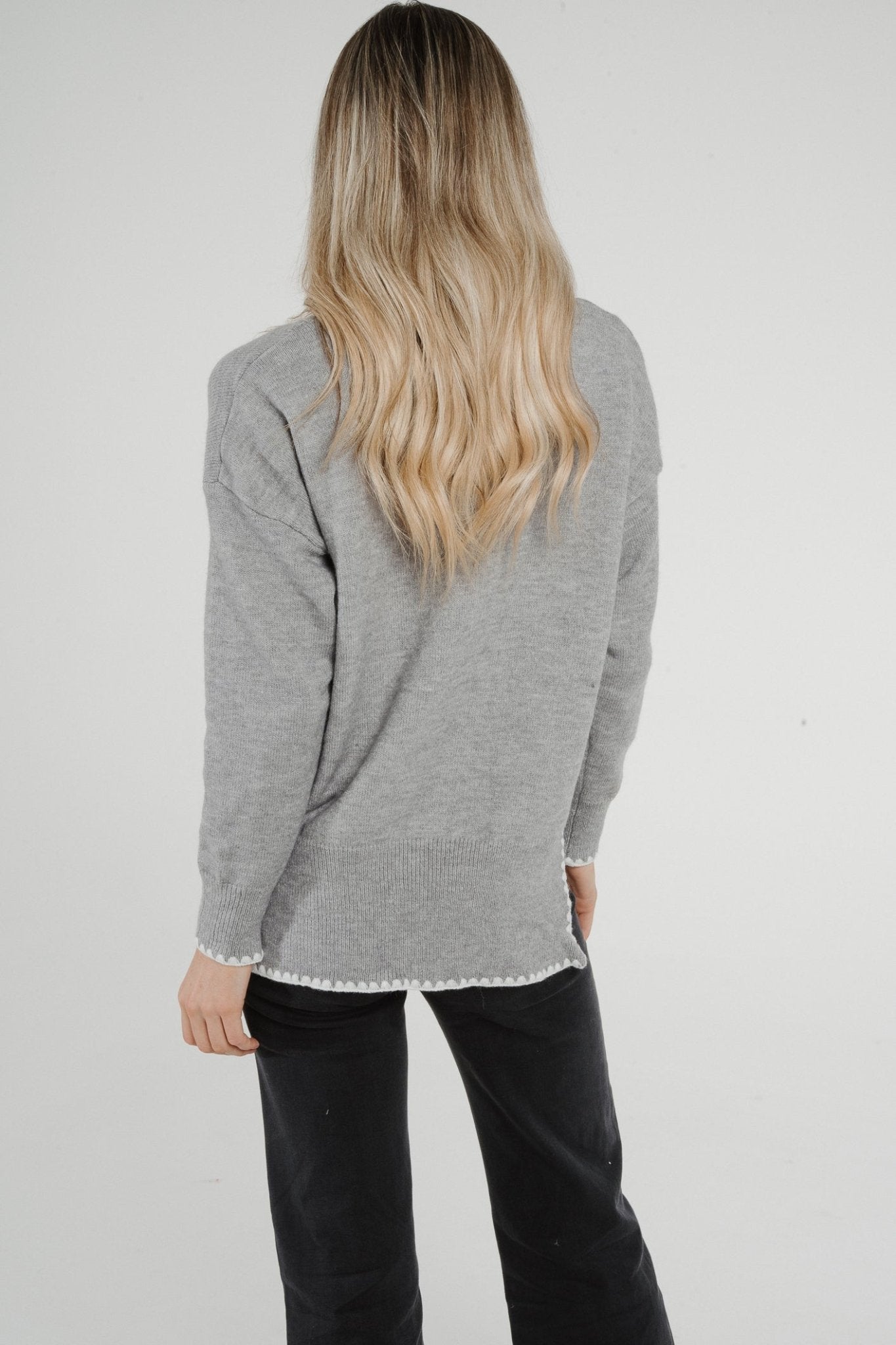Ally Embroidered Trim Longline Jumper In Grey - The Walk in Wardrobe