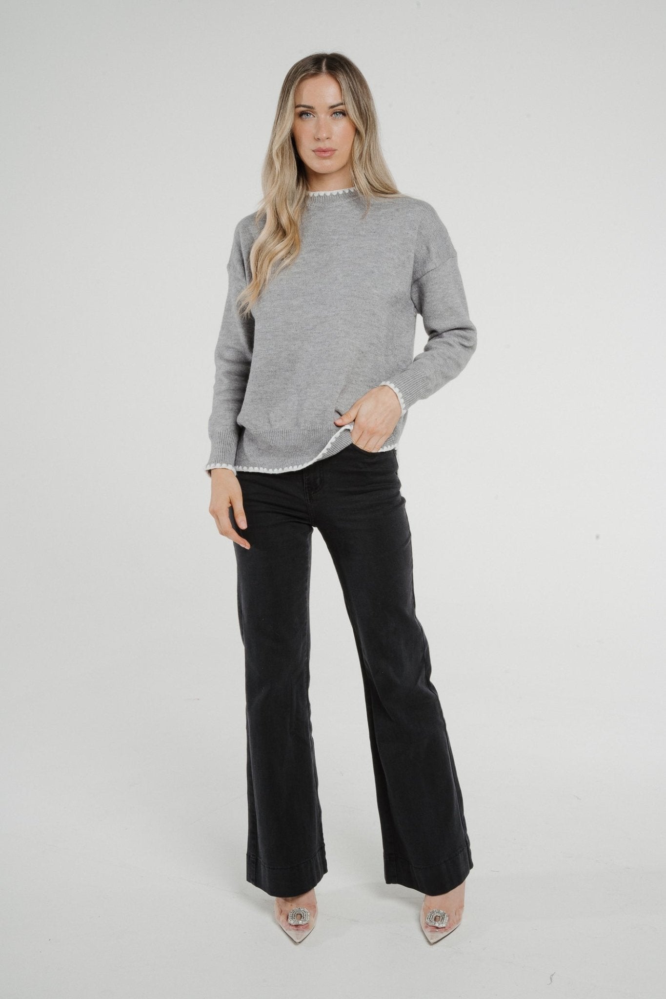 Ally Embroidered Trim Longline Jumper In Grey - The Walk in Wardrobe
