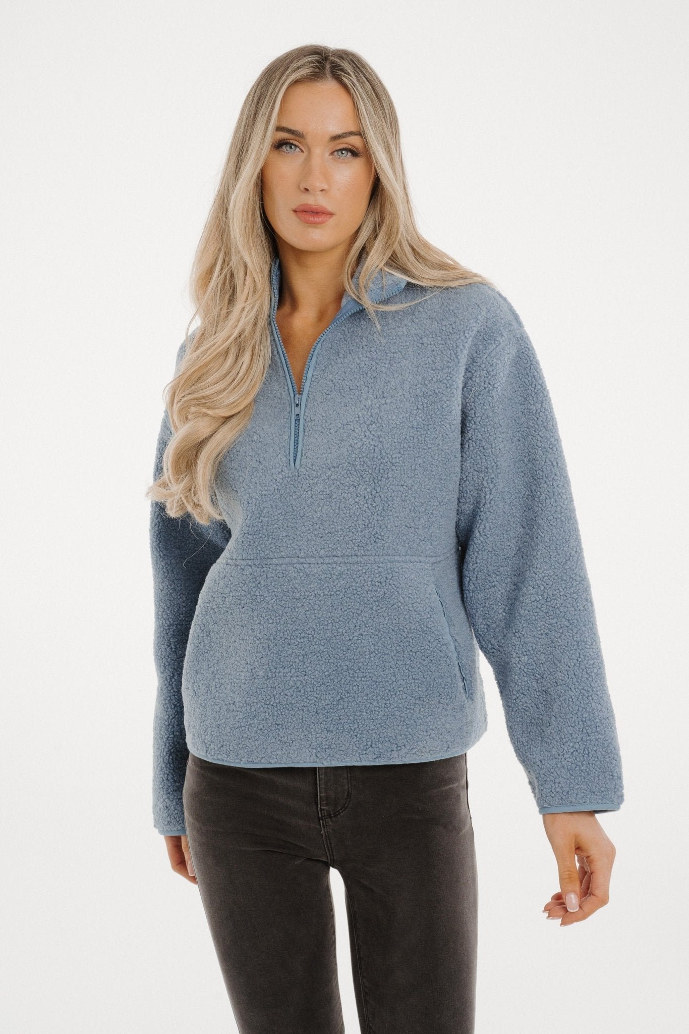 Ally Half Zip Faux Shearling Jacket In Blue - The Walk in Wardrobe