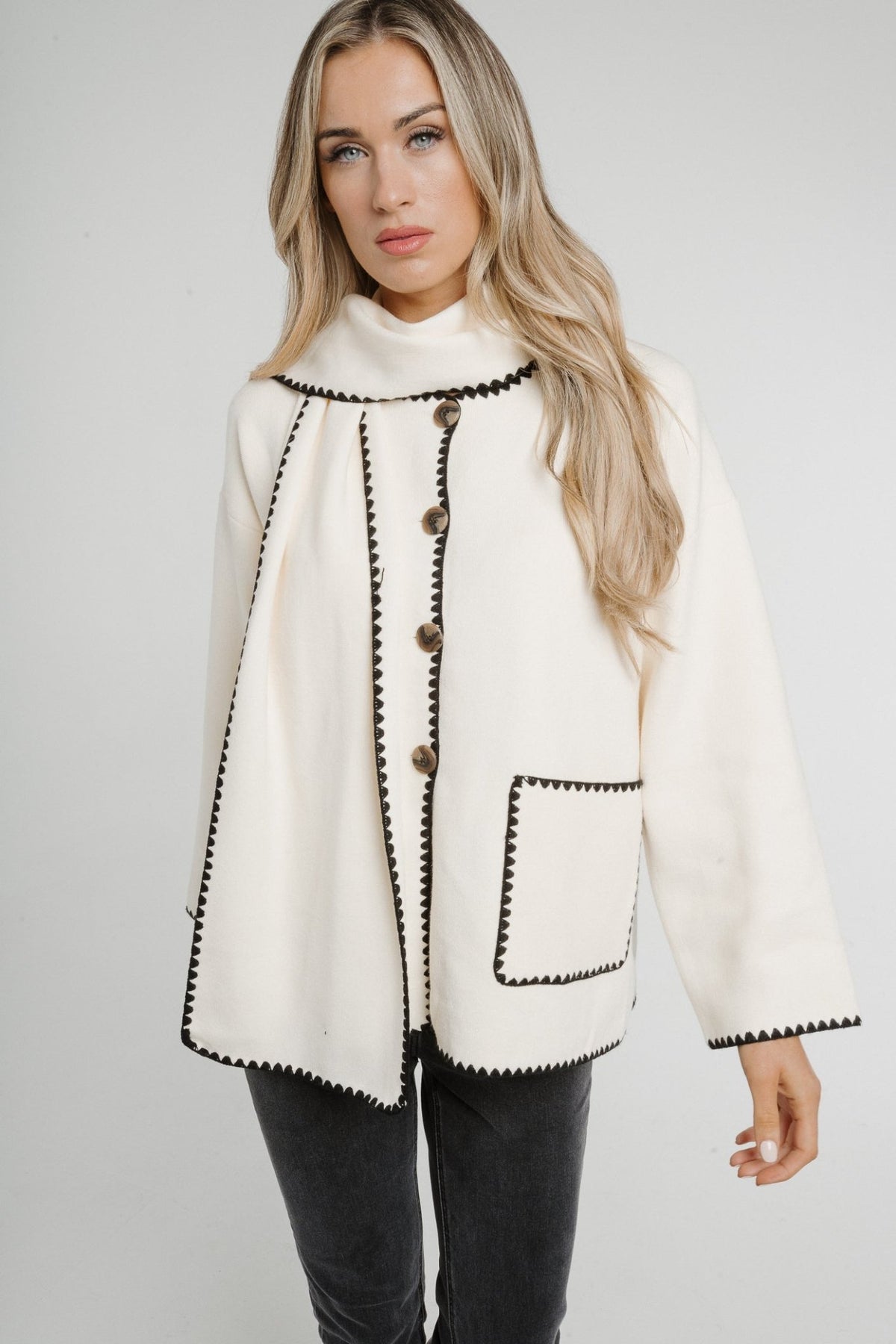 Ally Jacket & Scarf With Trim In Cream - The Walk in Wardrobe