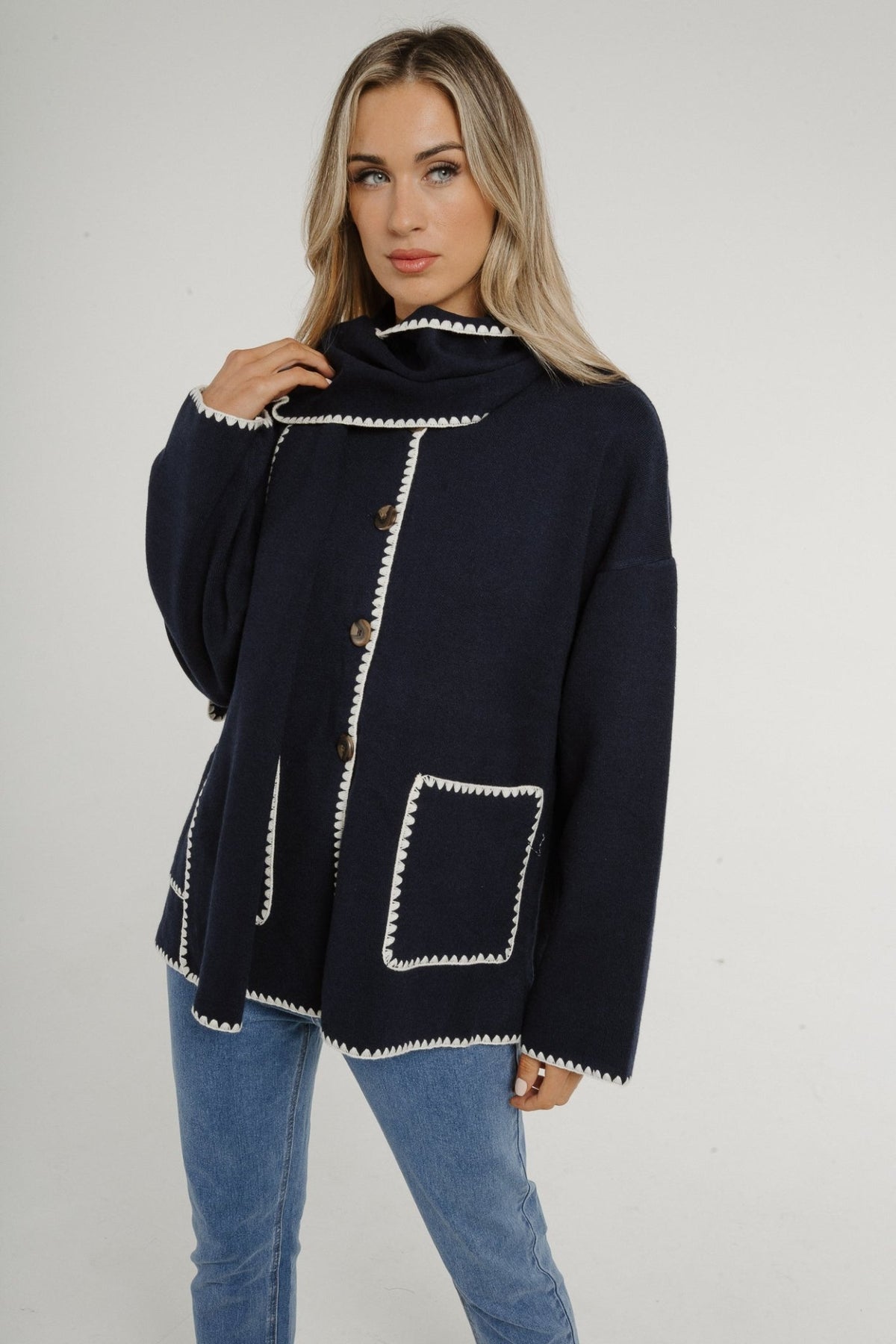 Ally Jacket & Scarf With Trim In Navy - The Walk in Wardrobe