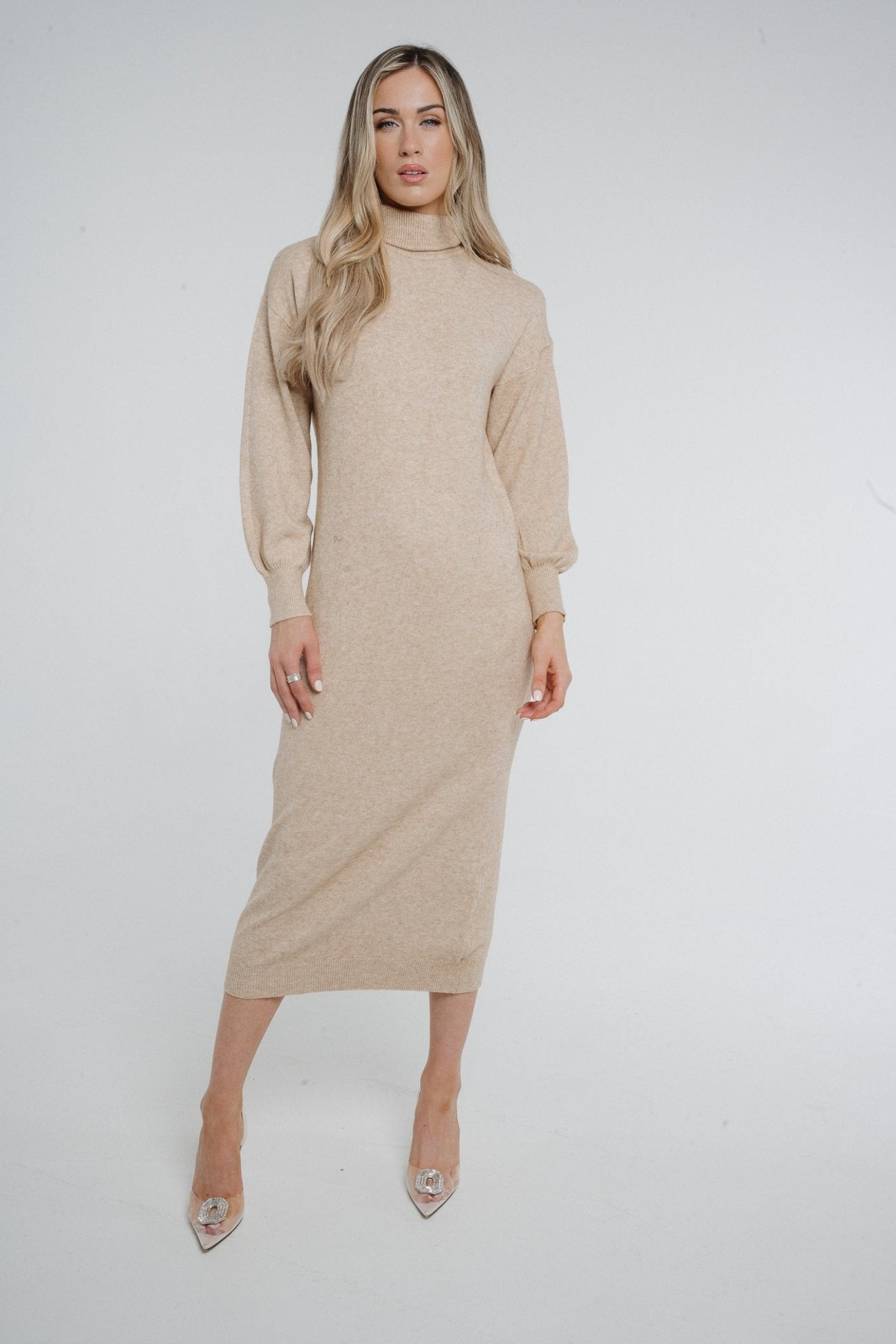 Ally Polo Neck Knit Midi Dress In Beige - The Walk in Wardrobe