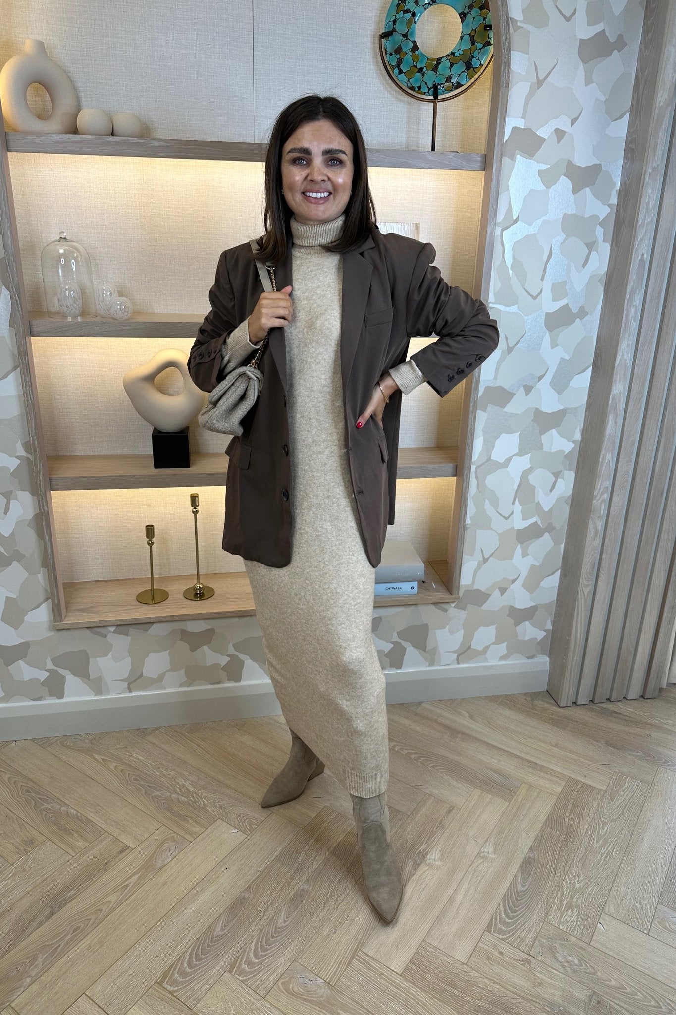 Ally Polo Neck Knit Midi Dress In Beige - The Walk in Wardrobe